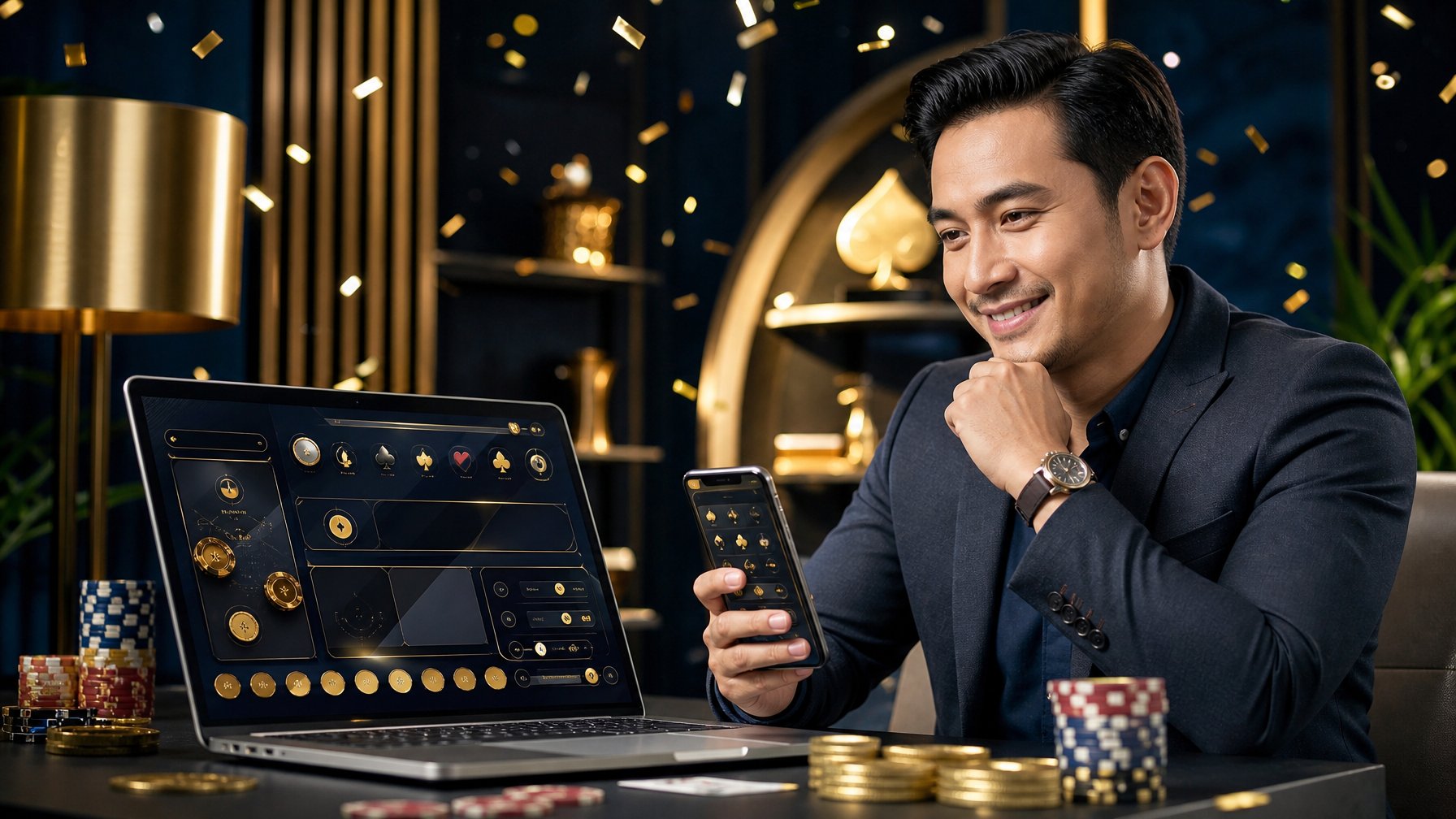 Seorang profesional meninjau perangkat digital dengan elemen permainan kasino dan koin emas di meja modern.
