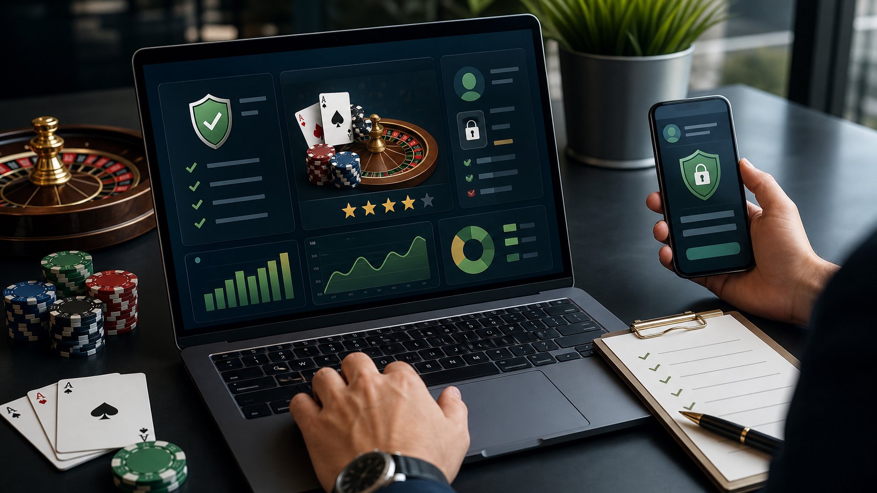 Seorang analis meninjau platform kasino online pada laptop dengan simbol keamanan, daftar pemeriksaan, kartu, dan chip di meja kerja.