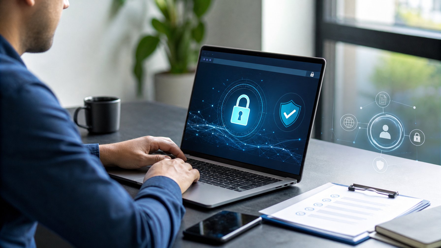 Seseorang memeriksa keamanan akses situs pada laptop dengan simbol gembok dan perisai.