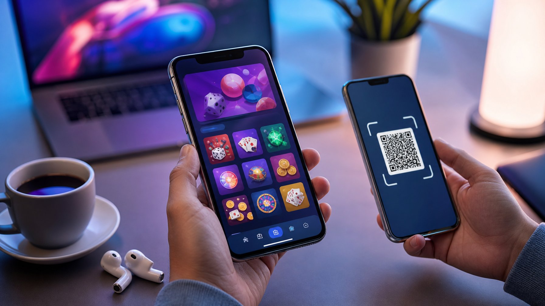 Seseorang memindai simbol pembayaran QR dengan ponsel di samping perangkat digital dalam suasana modern.