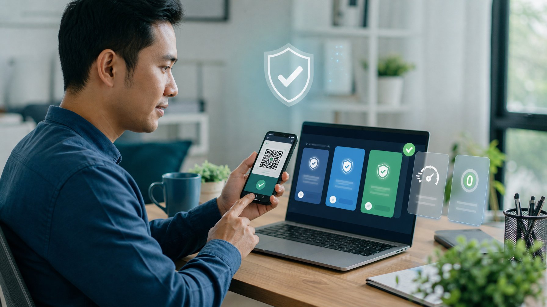 Pengguna membandingkan pilihan pembayaran digital legal melalui QRIS menggunakan laptop dan ponsel.