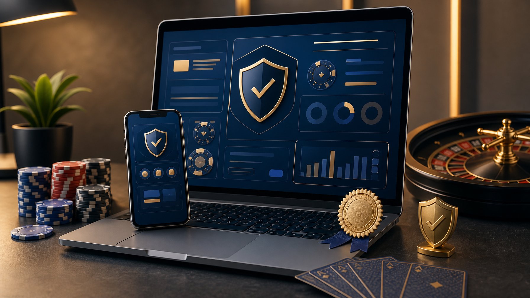 Laptop dan ponsel menampilkan antarmuka kasino digital dengan simbol keamanan, dikelilingi chip poker dan kartu.