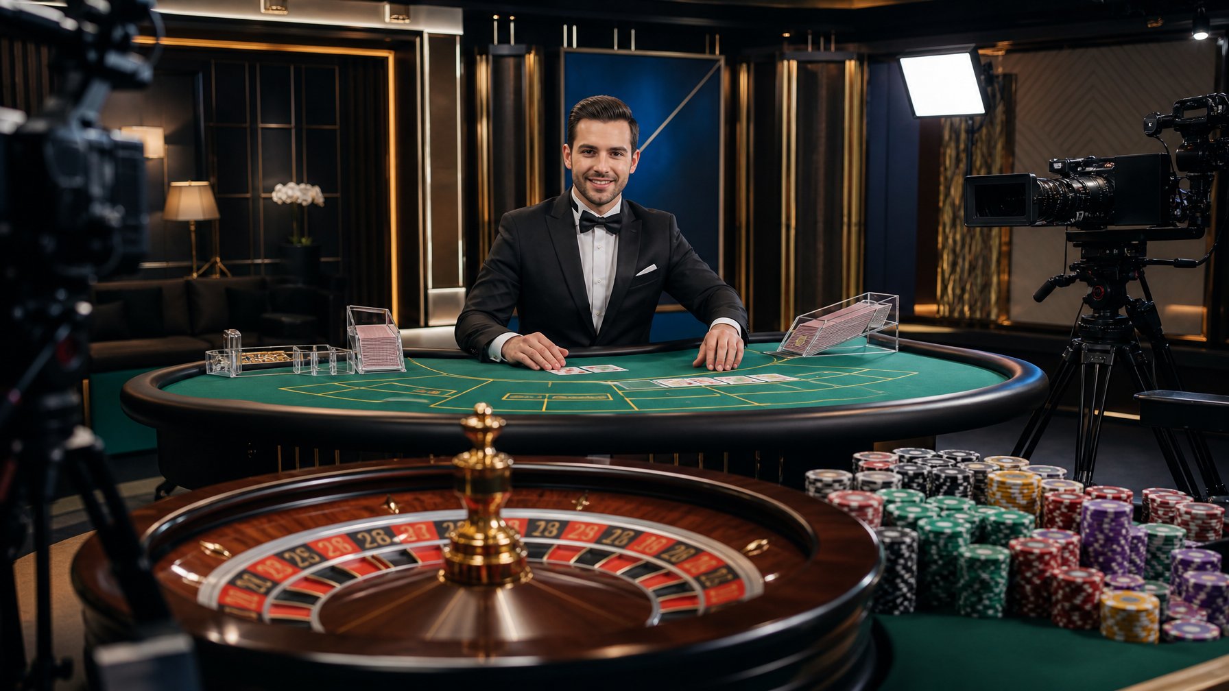 Dealer sedang memandu permainan baccarat dan roulette di meja kasino dengan roda roulette serta keping taruhan.