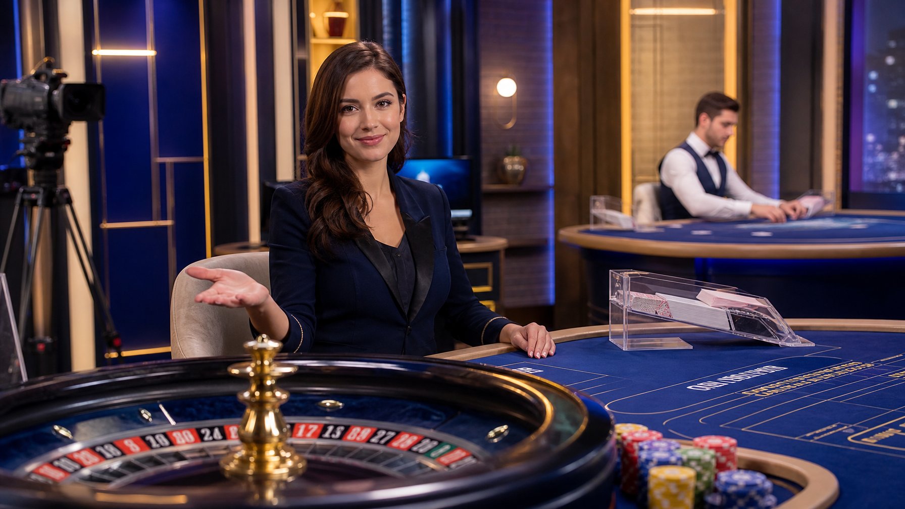 Dealer profesional berdiri di antara meja baccarat dan roulette di studio kasino modern.