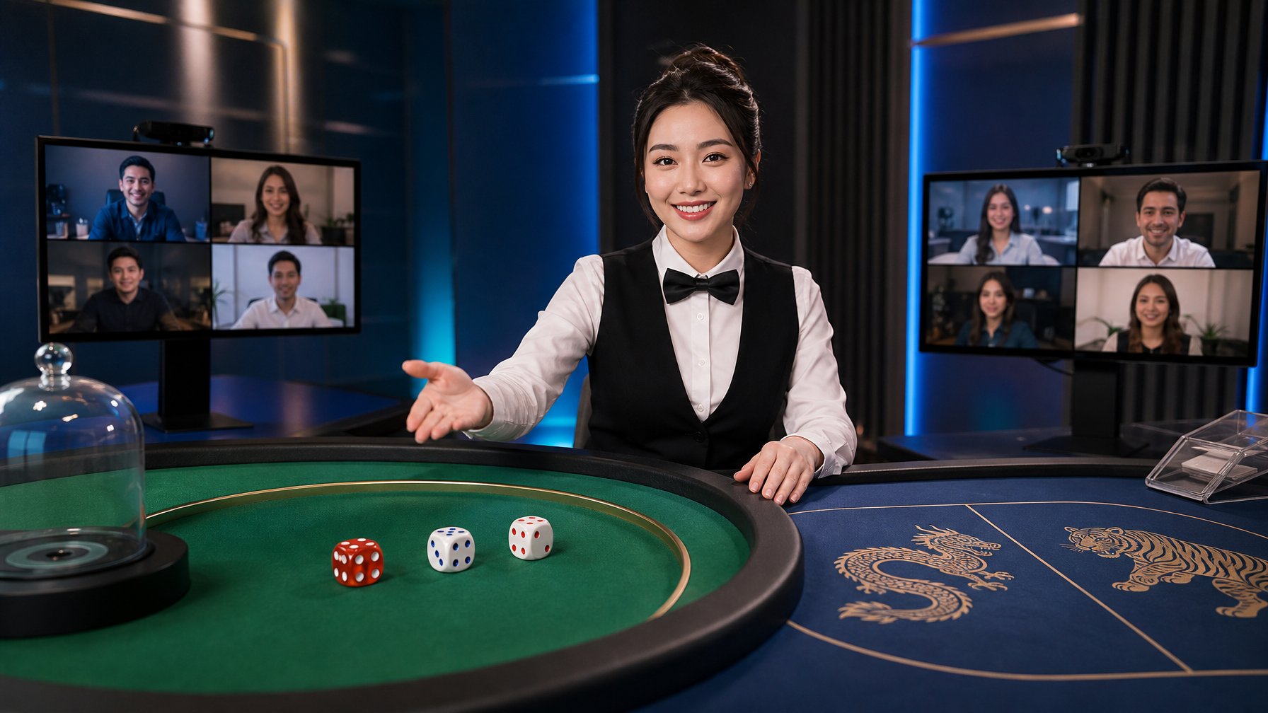 Dealer mengelola permainan Sicbo dan Dragon Tiger di studio permainan online yang rapi dengan suasana profesional.