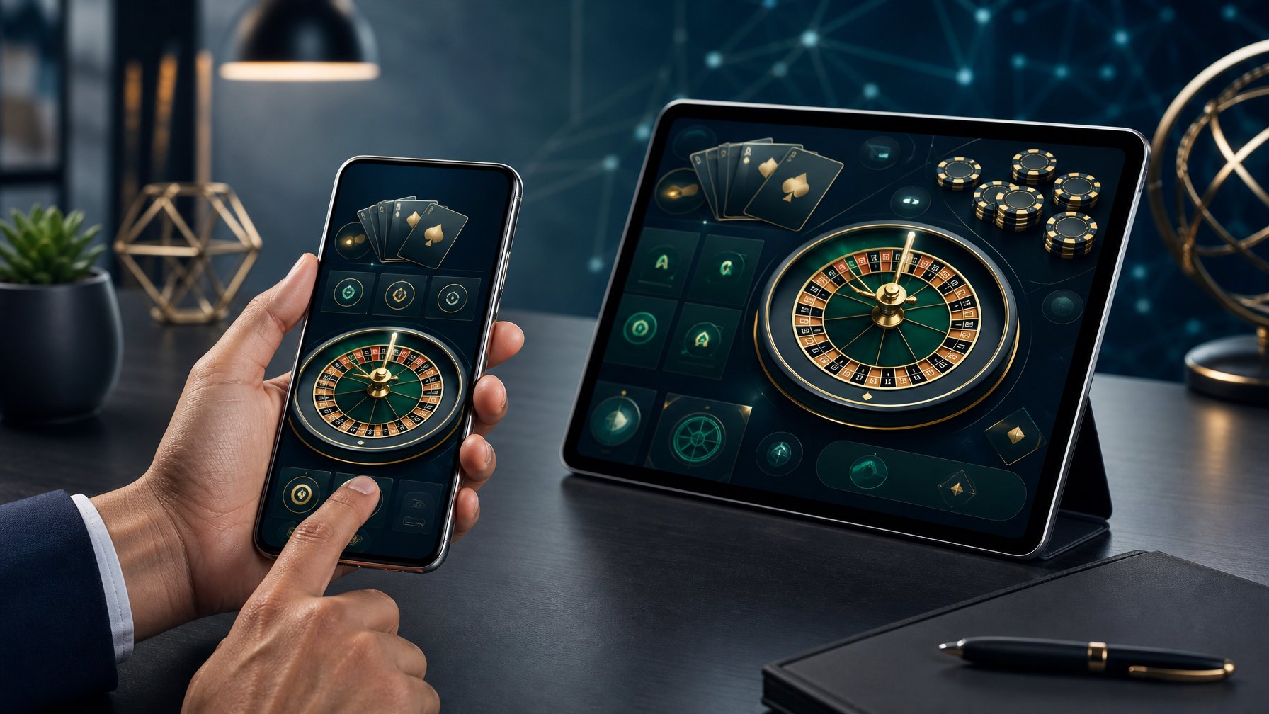 Tangan orang dewasa menggunakan ponsel dan tablet dengan tampilan permainan kasino digital.