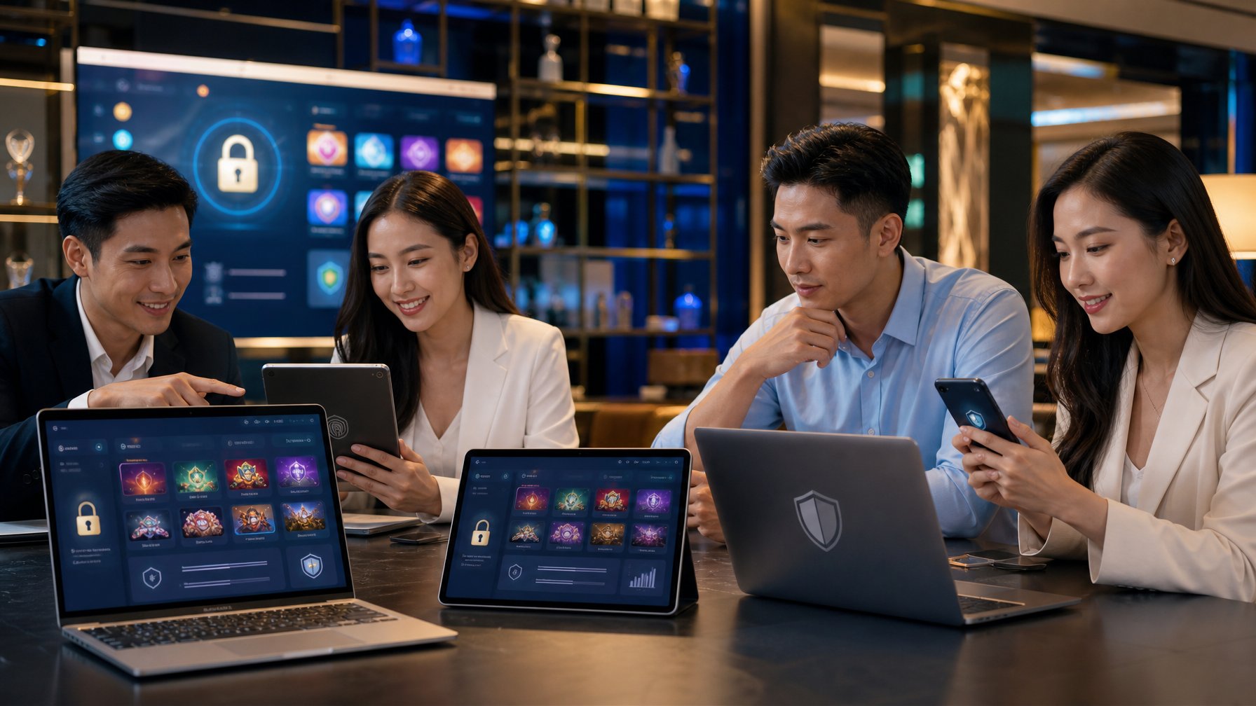Orang dewasa Asia meninjau platform kasino digital yang aman dan beragam di ruang modern.