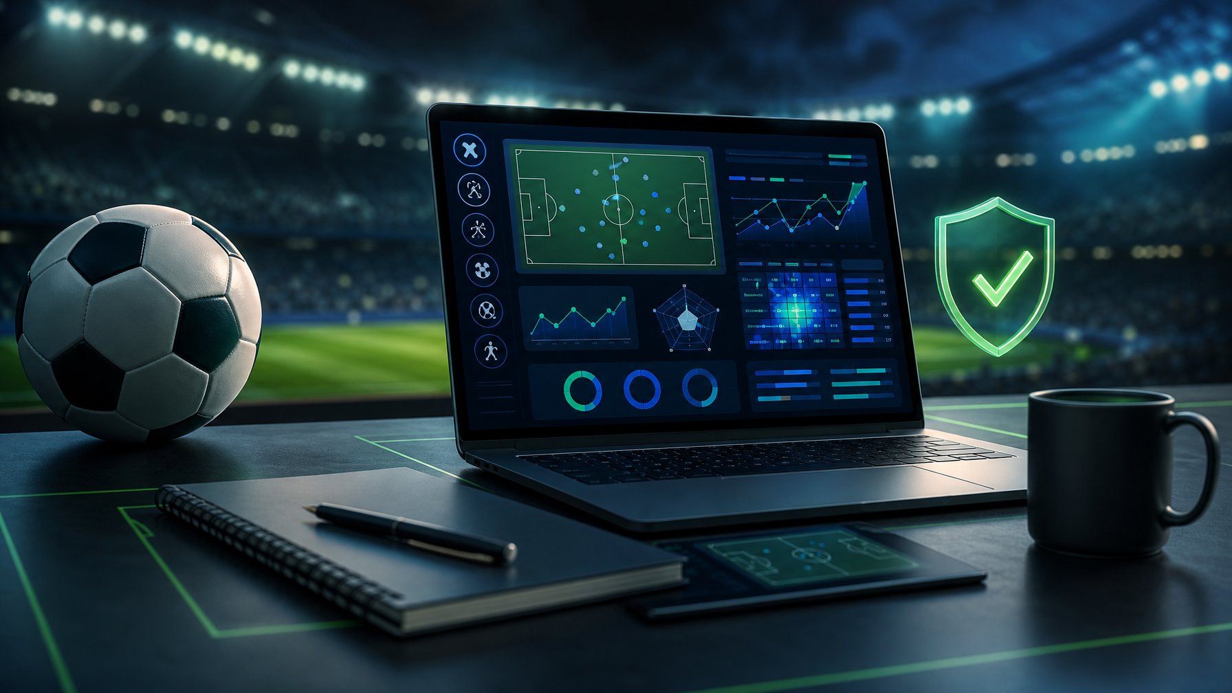 Meja kerja modern dengan laptop berisi statistik pertandingan sepak bola, bola, ikon keamanan, dan suasana stadion yang buram.