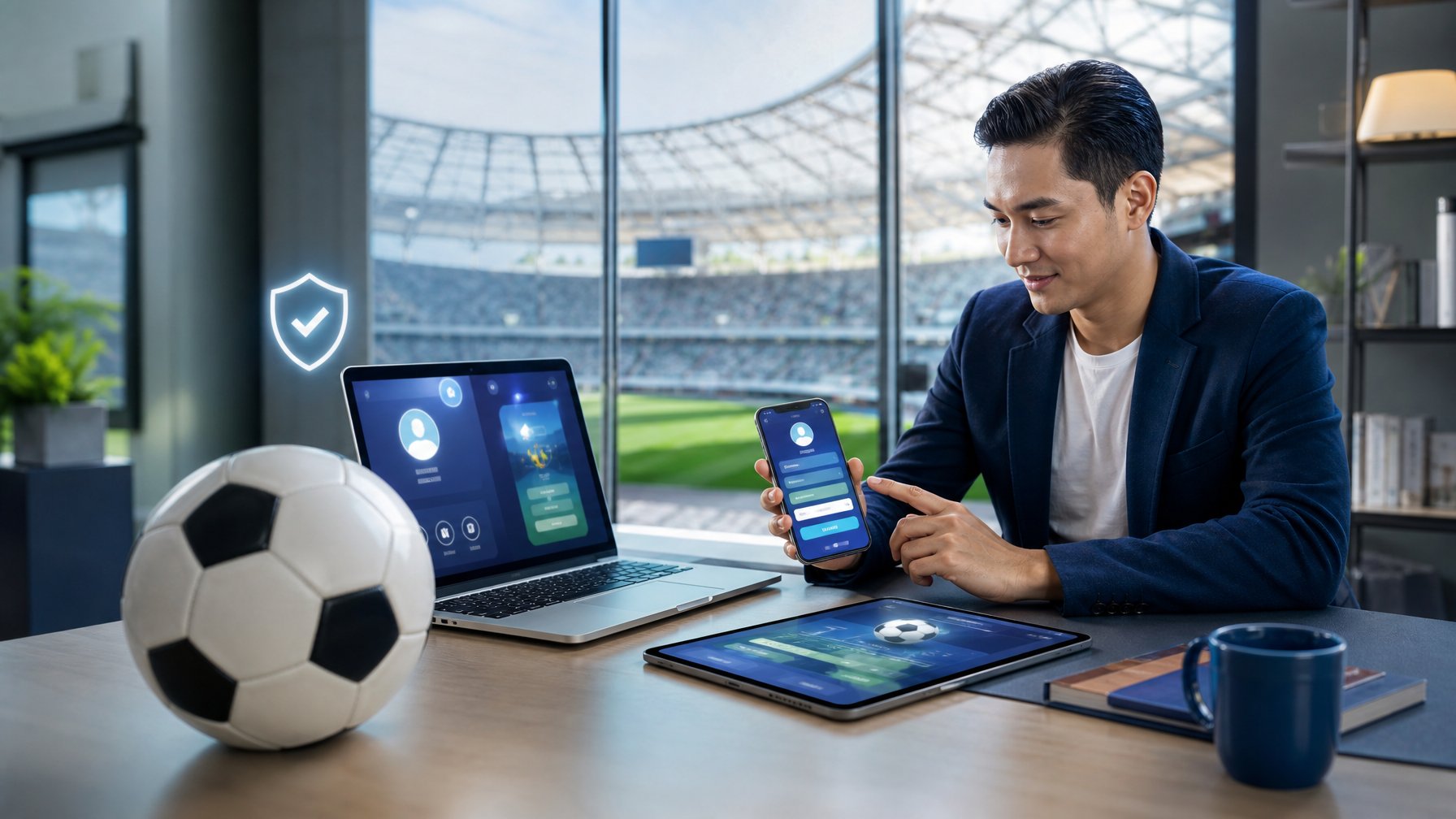 Seseorang menggunakan laptop dan ponsel di meja dengan bola sepak dan stadion terlihat di latar belakang.