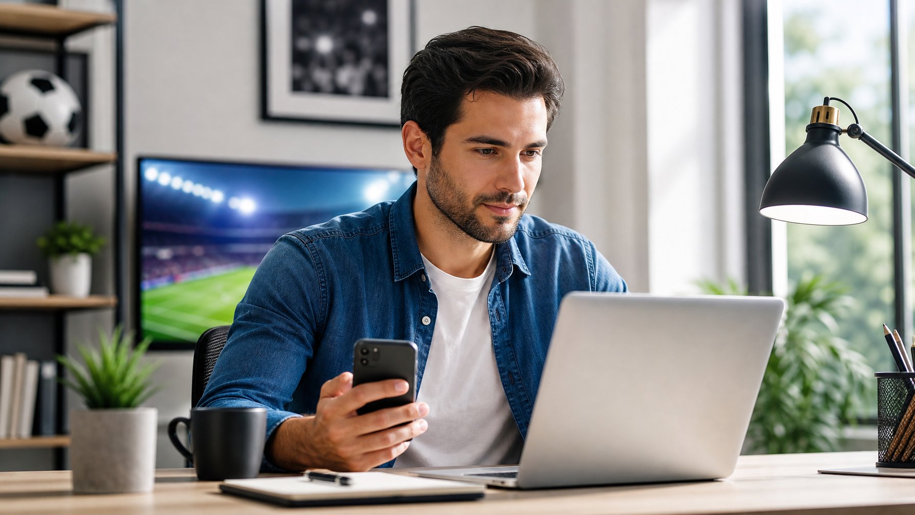 Seseorang memeriksa keamanan situs olahraga melalui laptop dan ponsel di ruang kerja modern.