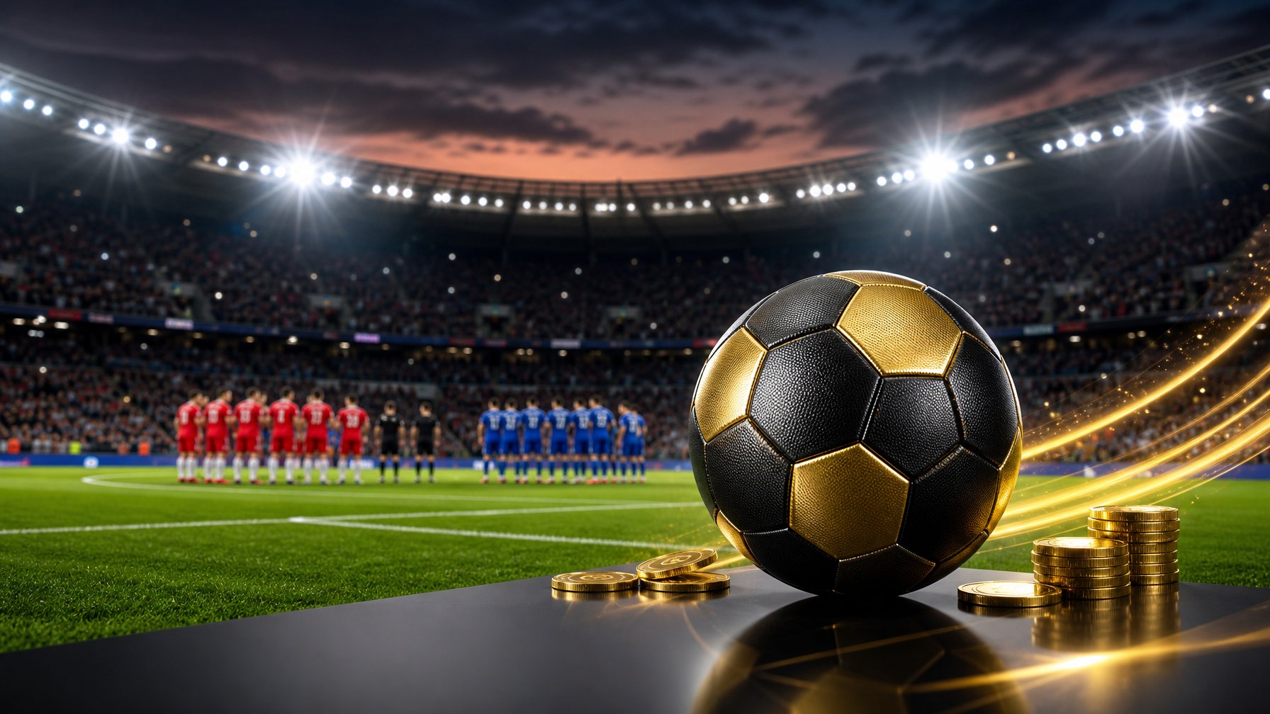 Bola sepak hitam dan emas di lapangan stadion dengan pemain yang tampak buram di latar belakang.