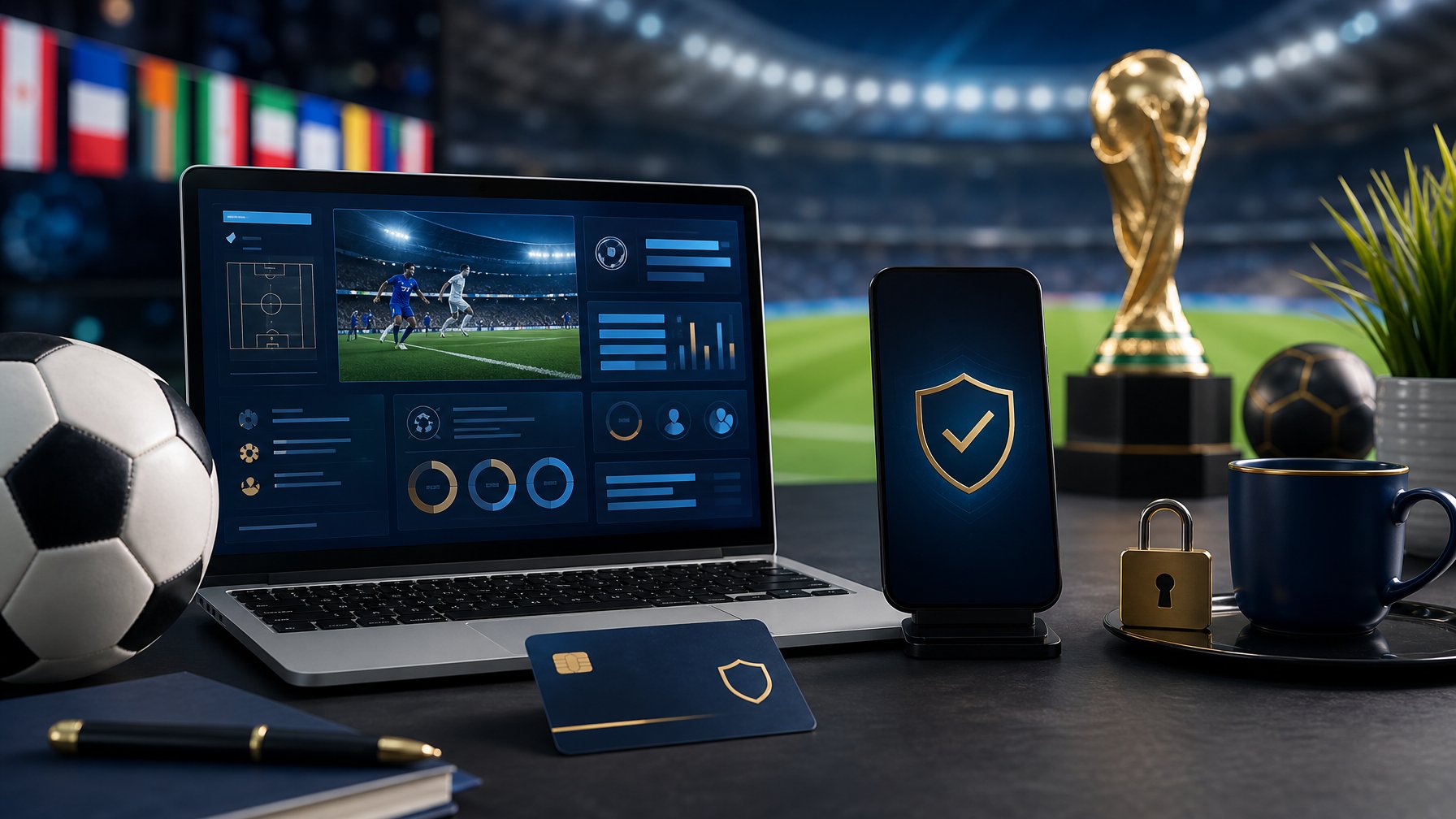 Laptop dan ponsel dengan simbol keamanan, kartu pembayaran, serta bola sepak di ruang kerja modern.