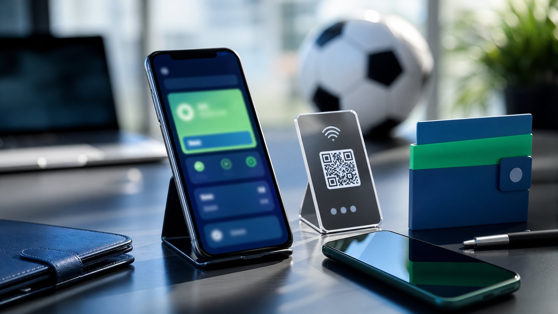 Ponsel dan kode QR pembayaran berada di meja modern dengan bola sepak di latar belakang.