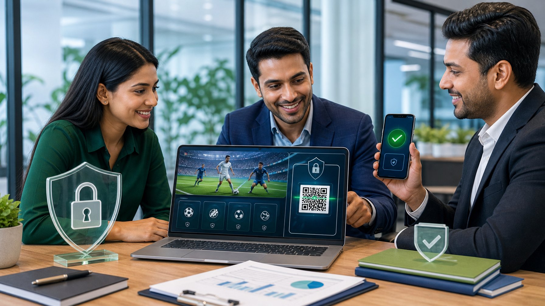 Tim profesional memeriksa pembayaran digital yang aman melalui laptop dan ponsel di ruang kerja modern.