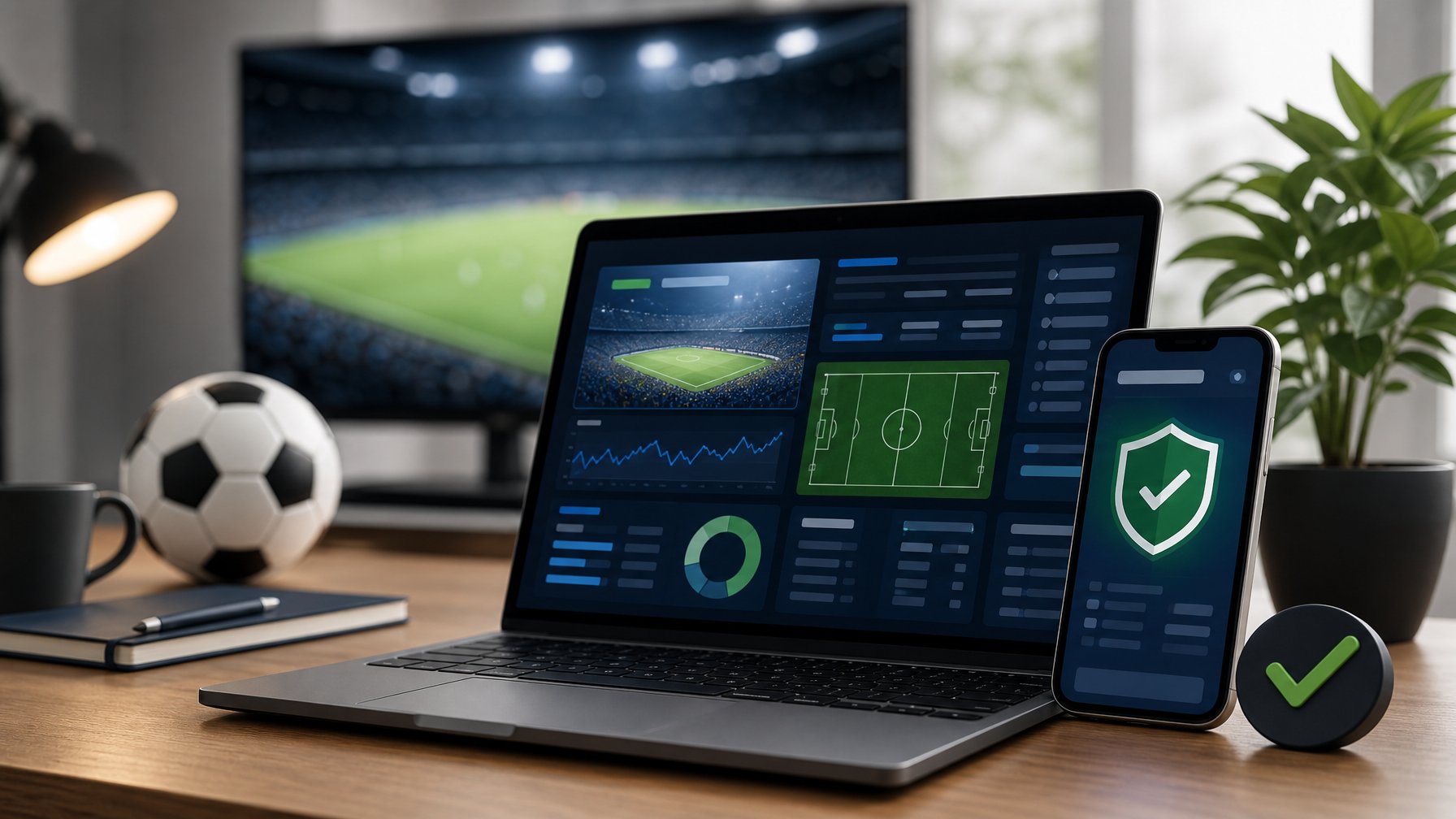 Meja kerja modern dengan laptop berisi dasbor olahraga abstrak, ponsel dengan simbol keamanan, dan bola sepak.
