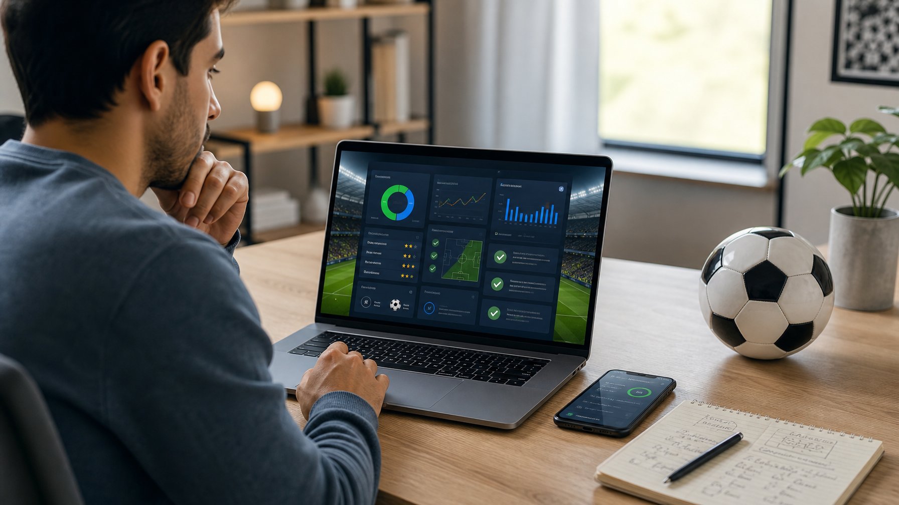 Seorang pemula menganalisis statistik pertandingan sepak bola di laptop dalam ruang kerja modern.