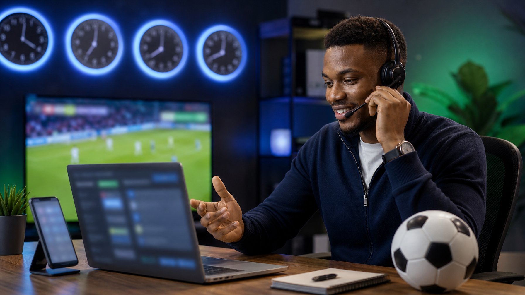 Petugas layanan pelanggan memakai headset membantu pengguna melalui laptop dan ponsel di ruang kerja modern dengan unsur sepak bola.