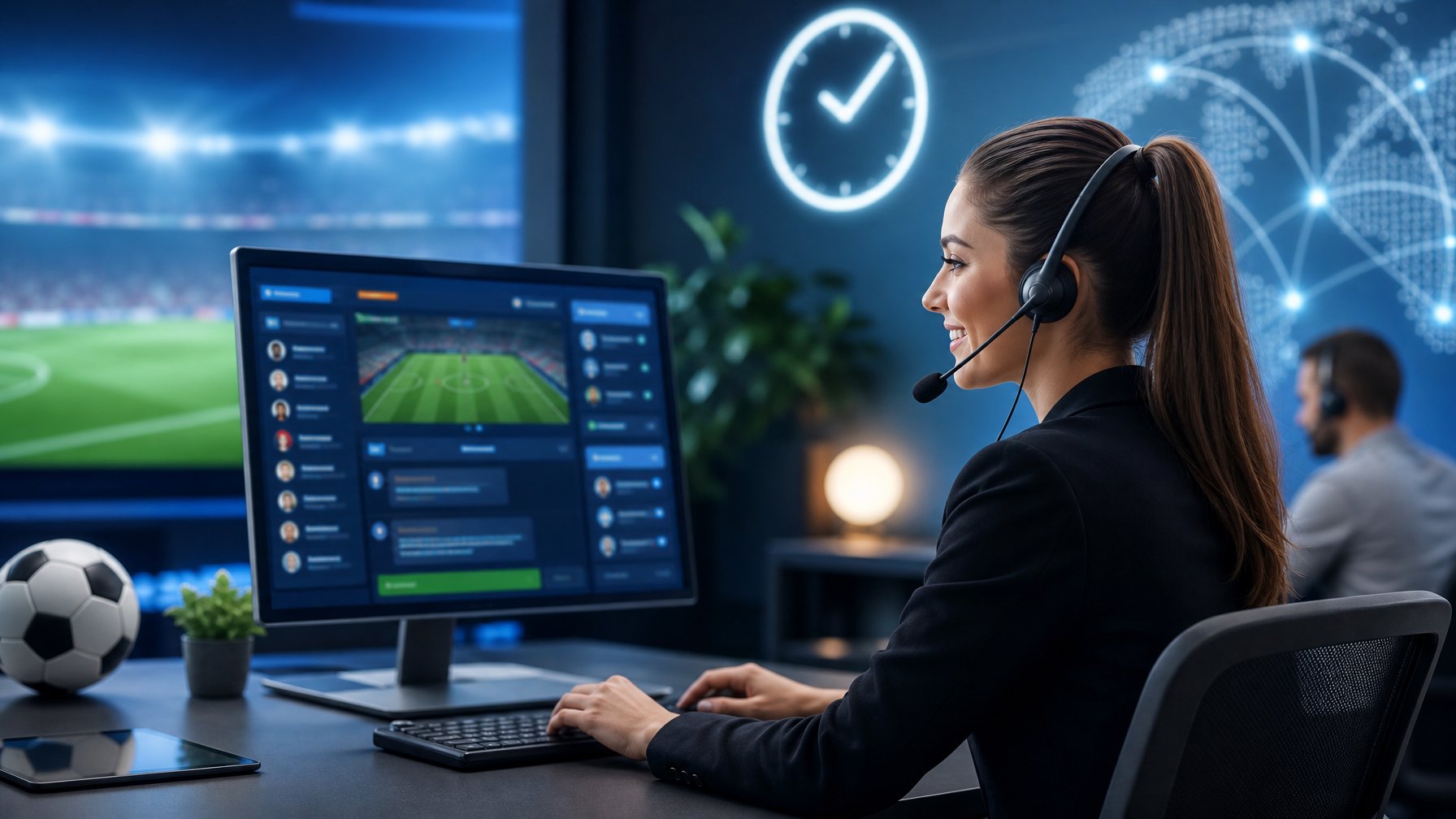 Petugas layanan pelanggan memakai headset membantu pengguna melalui layanan chat daring dengan latar bertema sepak bola.