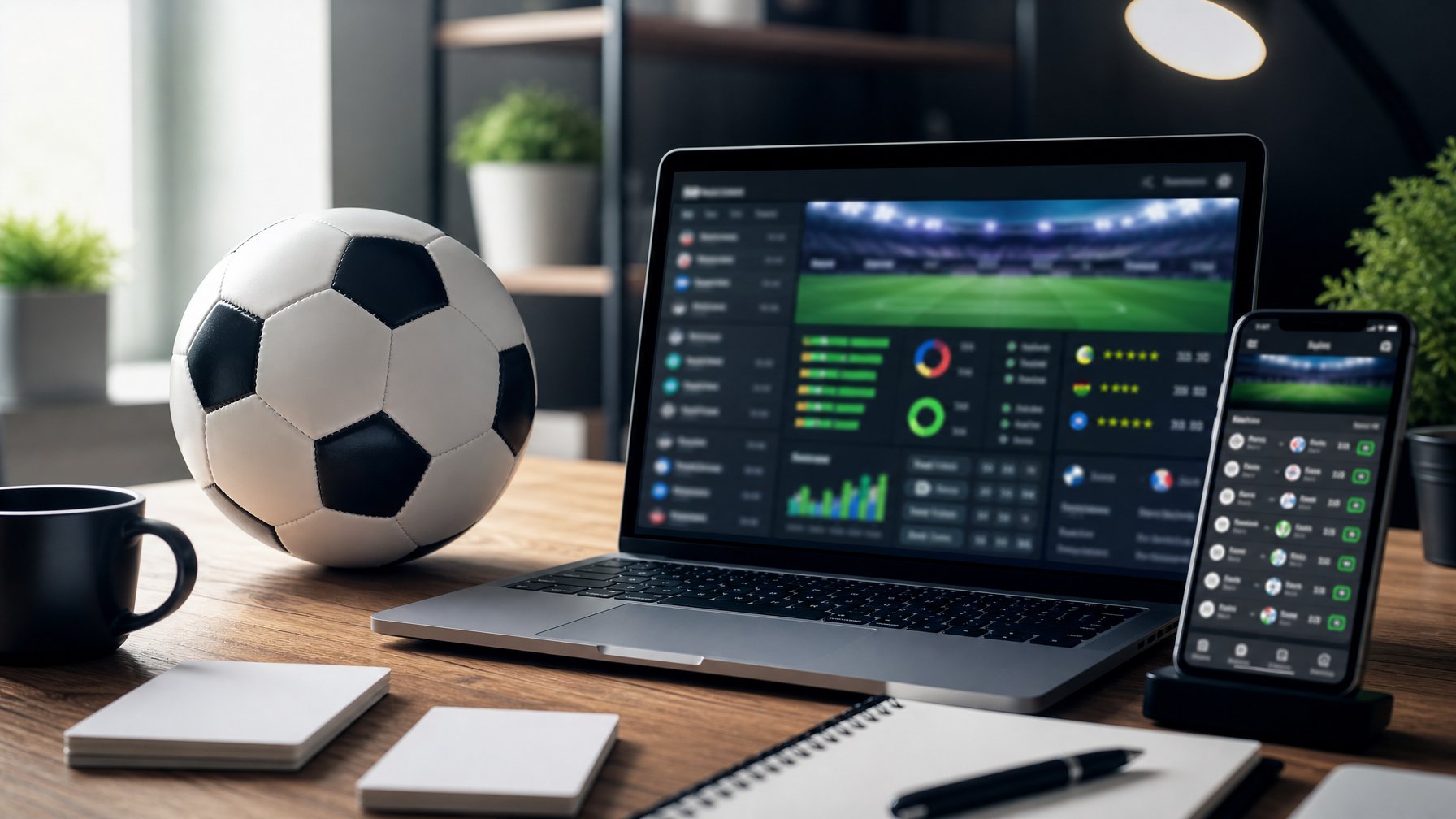Meja modern dengan laptop, ponsel, dan bola sepak yang menampilkan informasi pertandingan secara abstrak.
