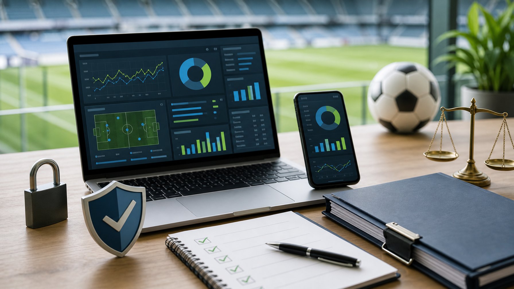 Laptop dan ponsel menampilkan grafik olahraga abstrak di samping simbol keamanan, dokumen, dan bola sepak.
