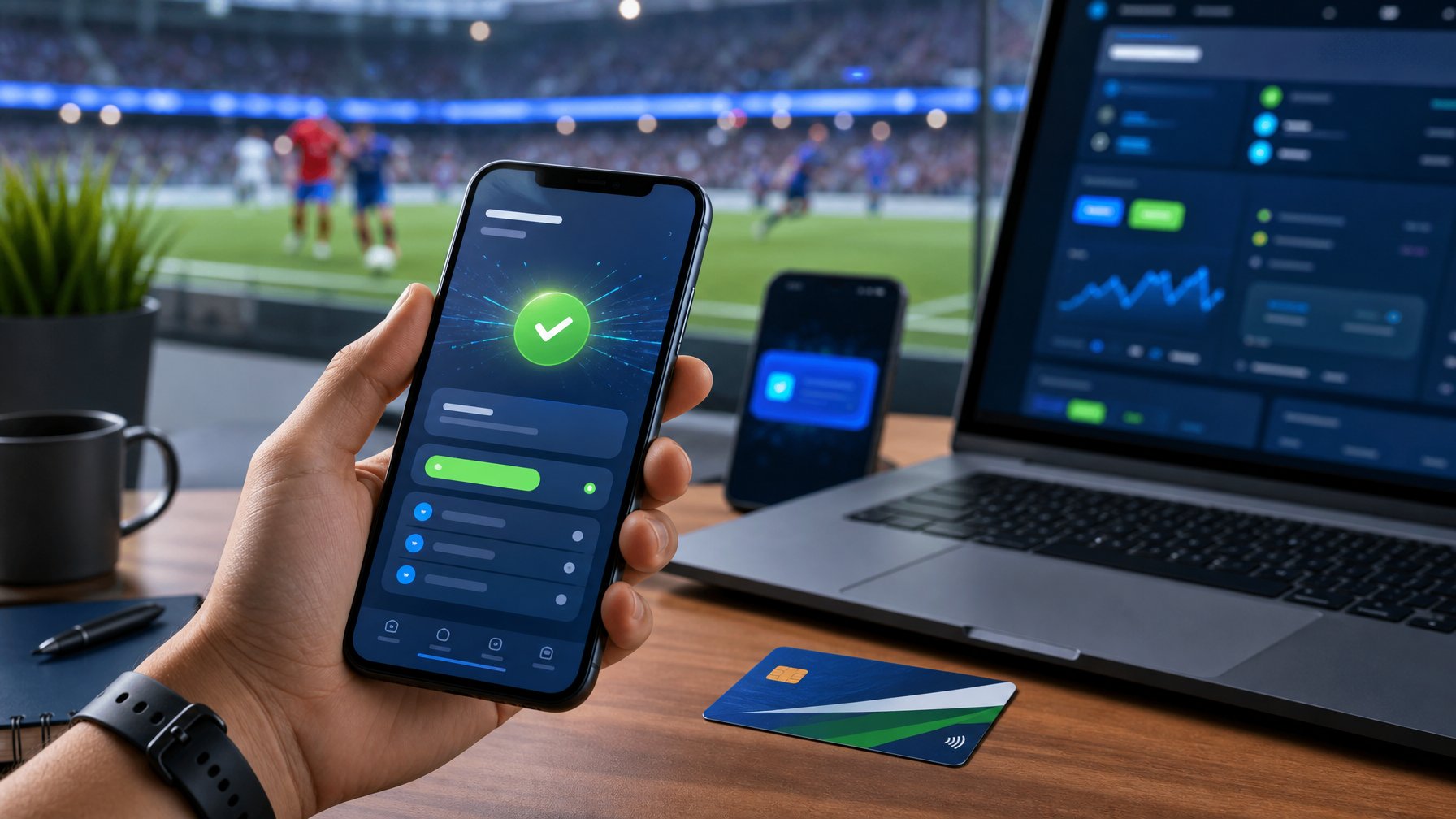 Ponsel menampilkan konfirmasi transaksi digital di atas meja kerja dengan suasana stadion sepak bola yang samar di latar belakang.