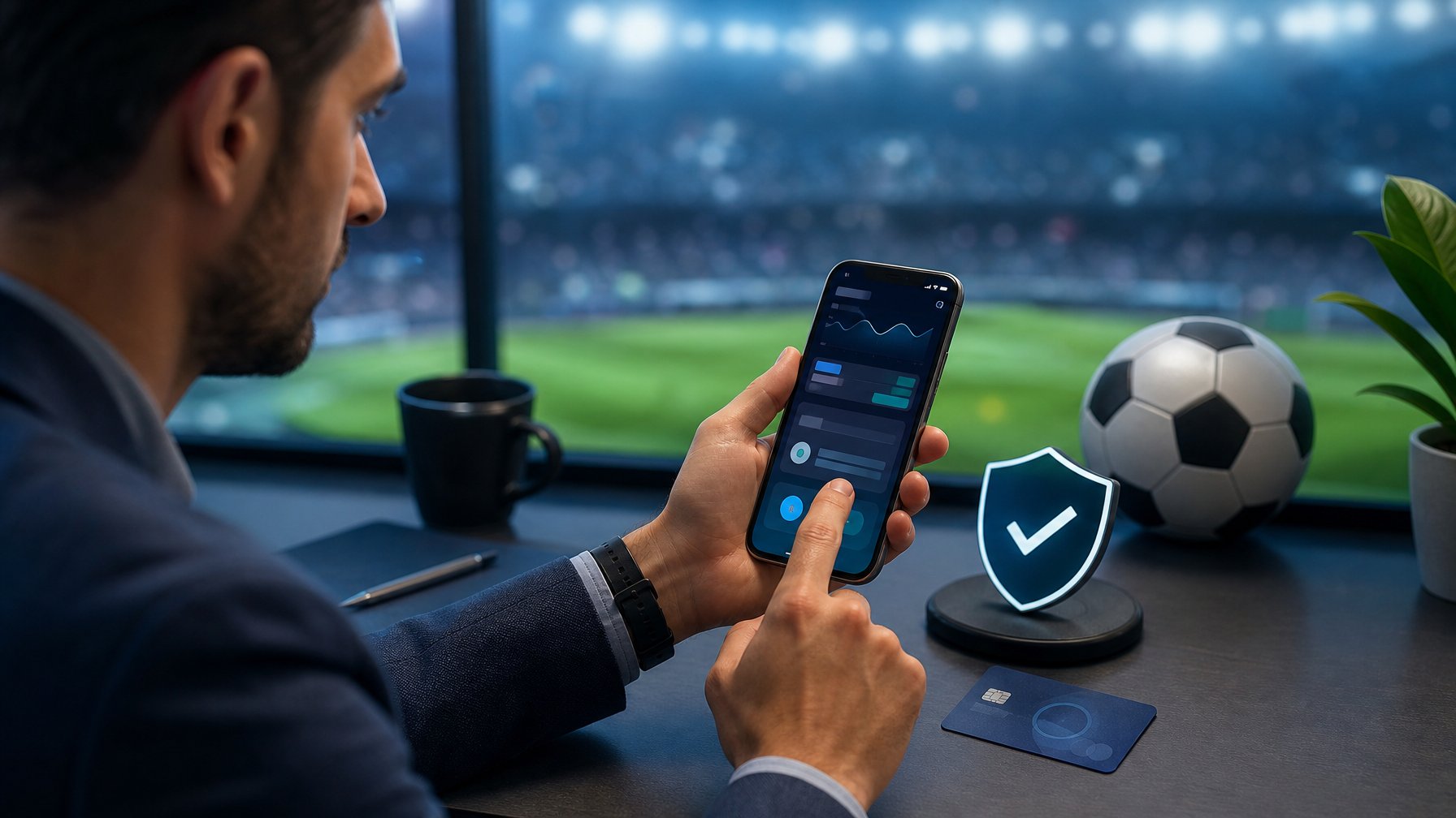 Seseorang menggunakan ponsel di samping kartu pembayaran dan simbol keamanan digital, dengan bola sepak serta lampu stadion di latar belakang.