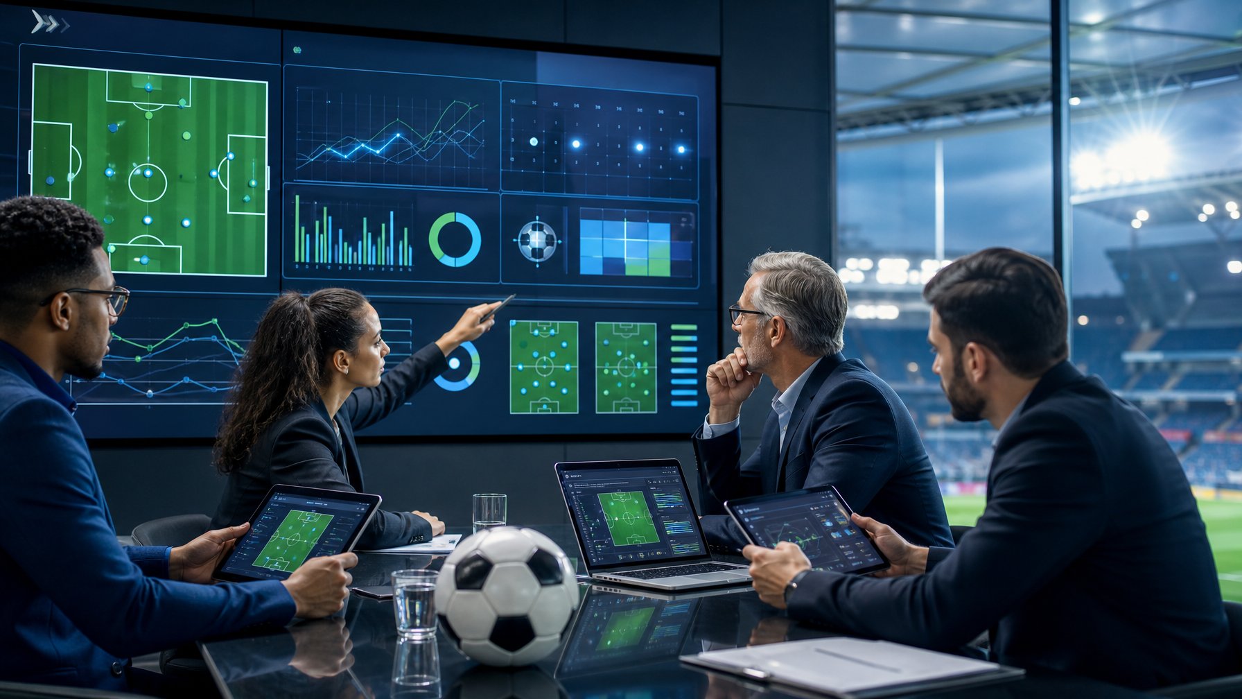 Analis sepak bola meninjau data pertandingan dan jadwal pada perangkat digital di ruang kerja modern.