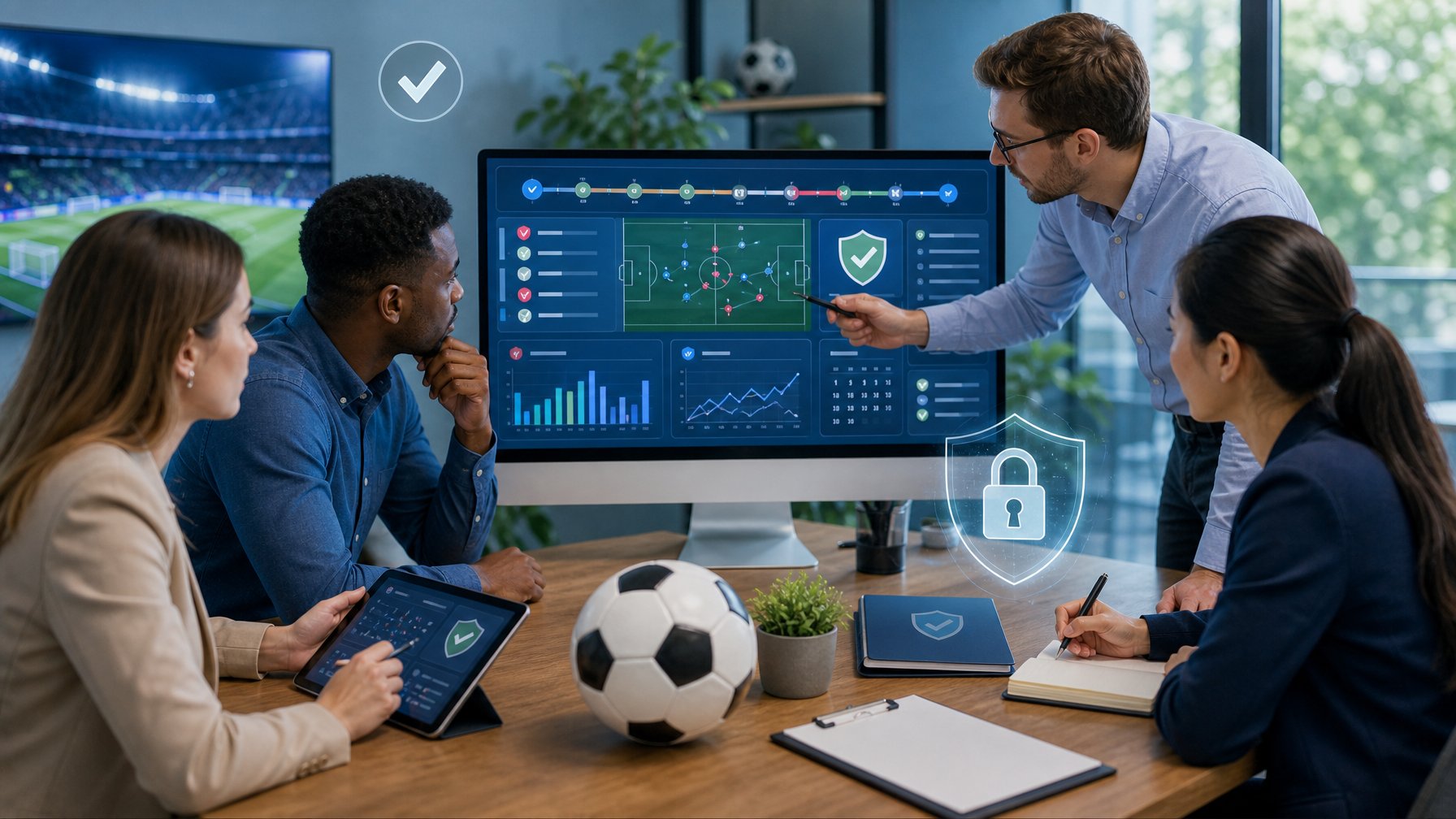 Tim analis meninjau dashboard prediksi dan jadwal pertandingan sepak bola dengan simbol keamanan digital di ruang kerja modern.