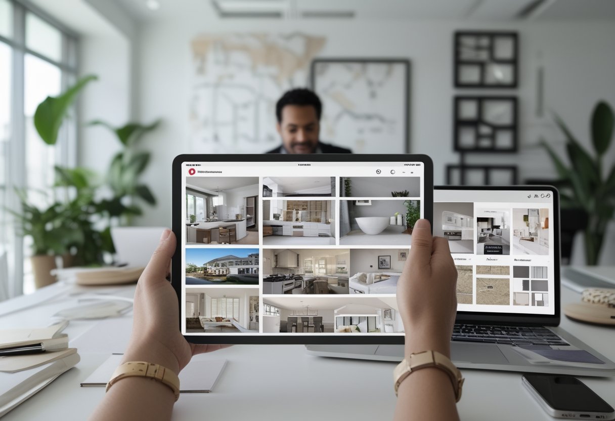 A real estate agent and homeowner review renovation ideas on a tablet beside design samples in a bright modern workspace.