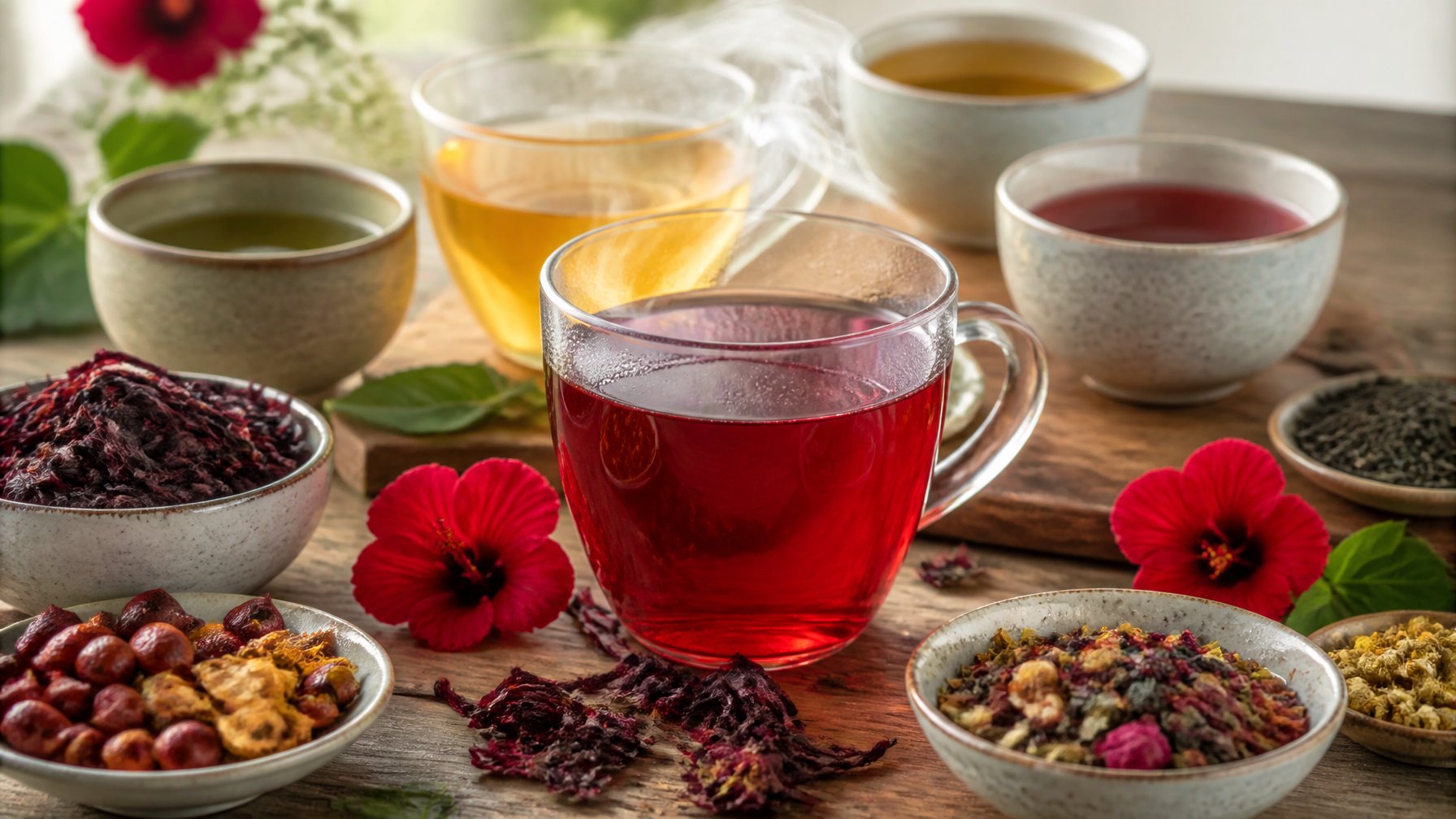 A selection of tea cups and ingredients featuring bright red hibiscus tea, dried hibiscus petals, berries, citrus peel, and tea leaves.