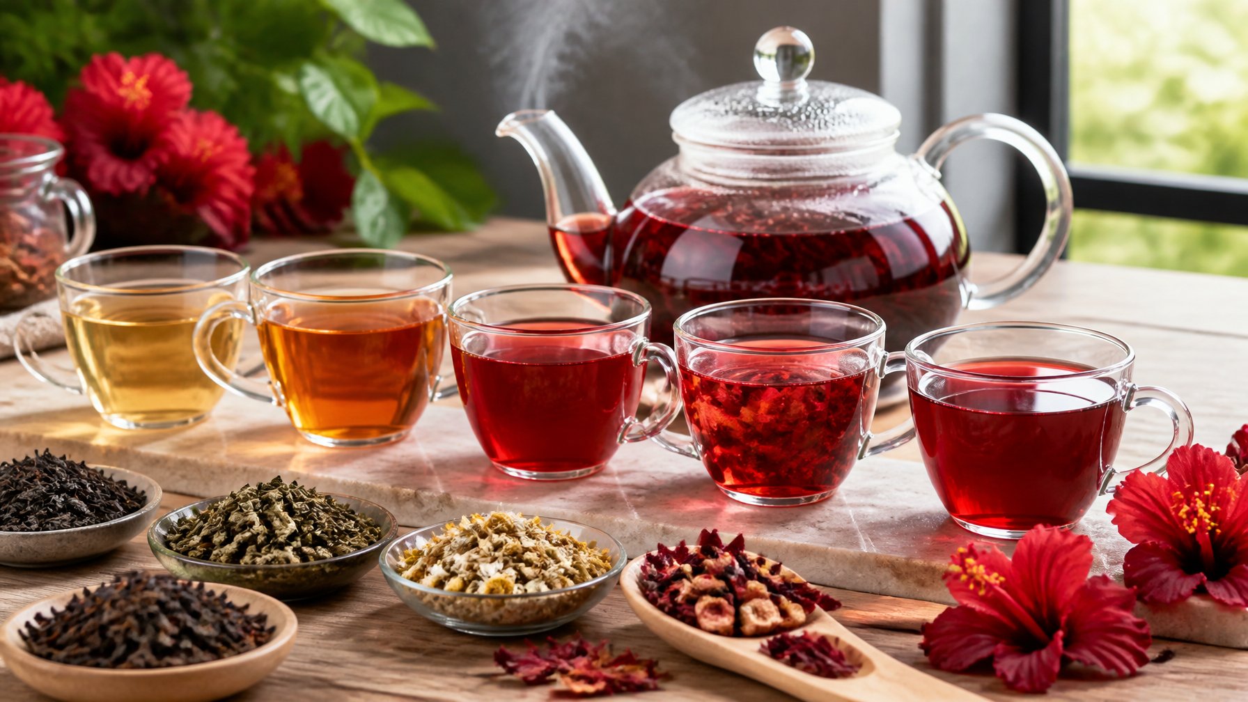 Glass teaware displays teas ranging from amber to ruby red, surrounded by hibiscus petals, flowers, and other tea ingredients.