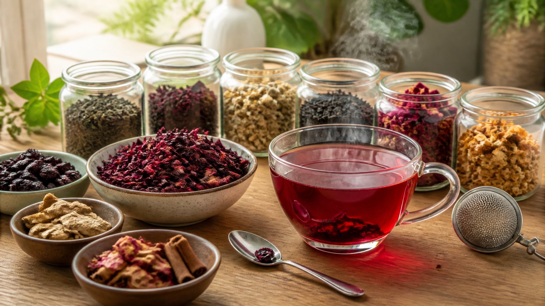 A glass of ruby-red hibiscus tea surrounded by bowls of dried hibiscus petals and assorted tea-blend ingredients.
