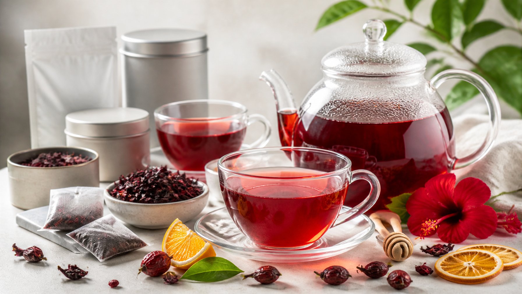 A ruby-red hibiscus tea display with a glass teapot, cups, dried petals, and assorted unbranded tea containers.