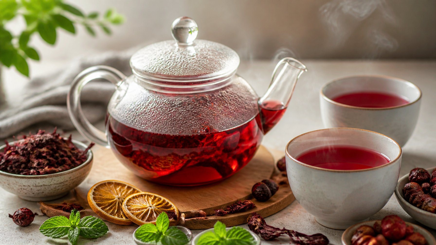 A glass teapot and cups filled with ruby-red hibiscus tea beside dried hibiscus petals and herbal ingredients.