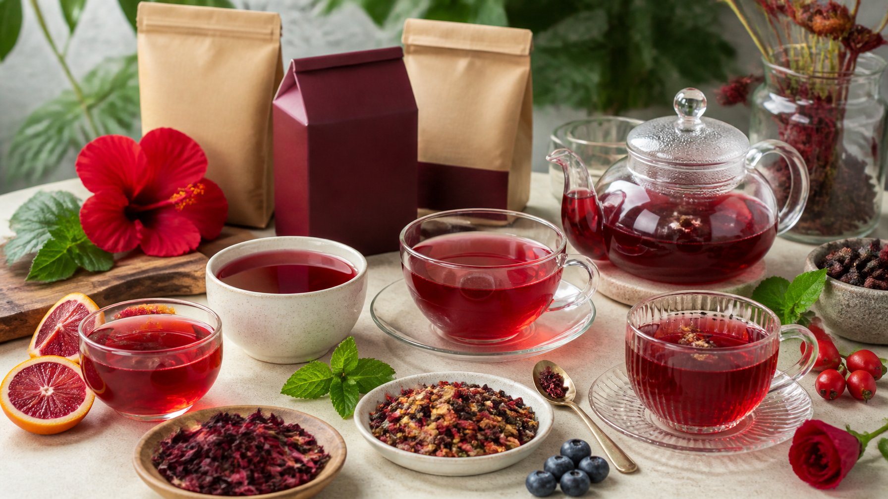 Several cups of ruby-red hibiscus tea surrounded by dried hibiscus petals, flowers, and herbal tea ingredients.