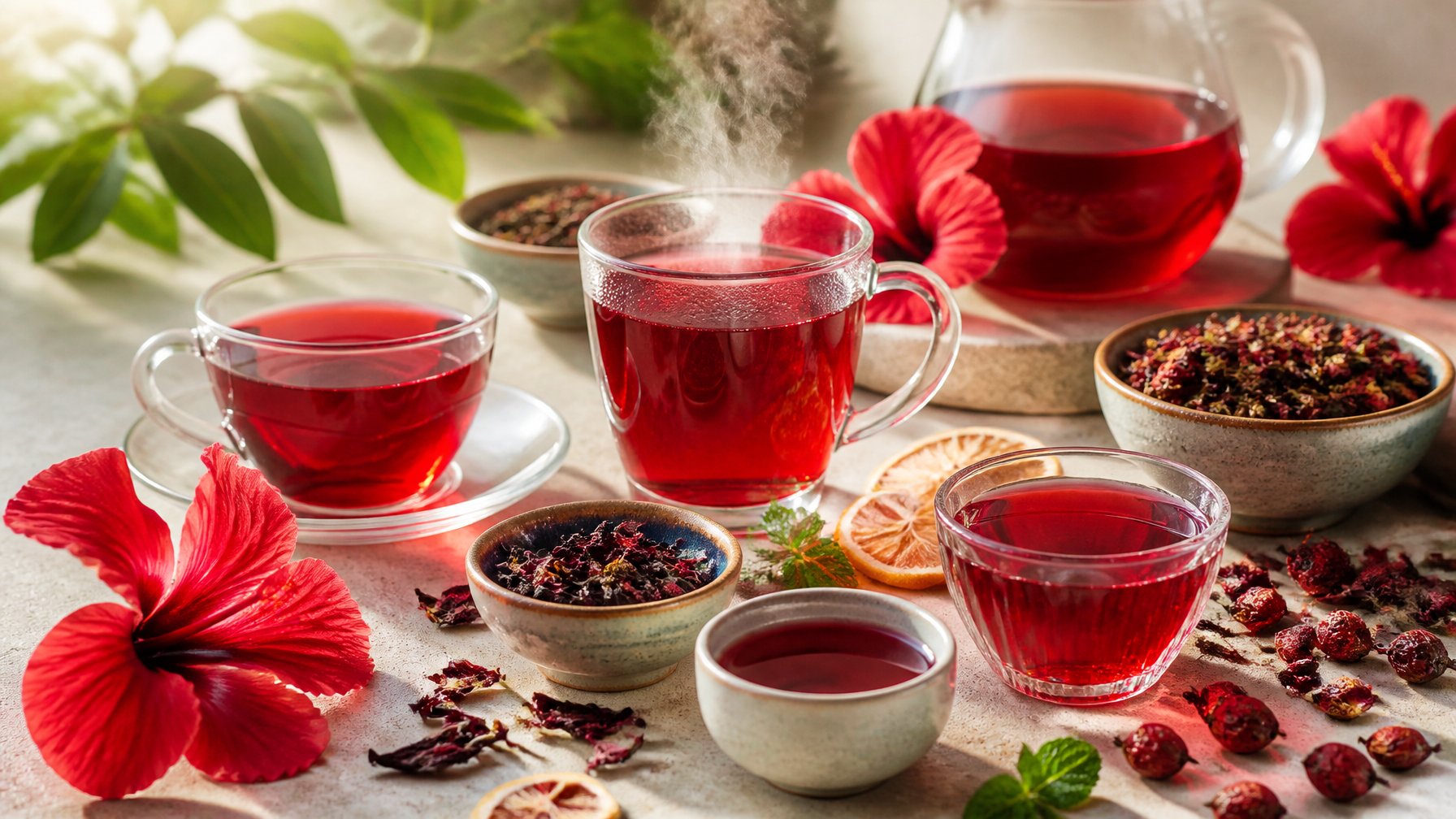 Several cups of red hibiscus tea surrounded by dried hibiscus flowers and tea ingredients.