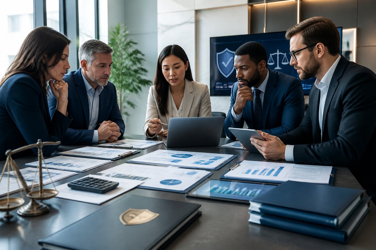 Business professionals collaborate around financial, compliance, and risk planning materials in a modern office.