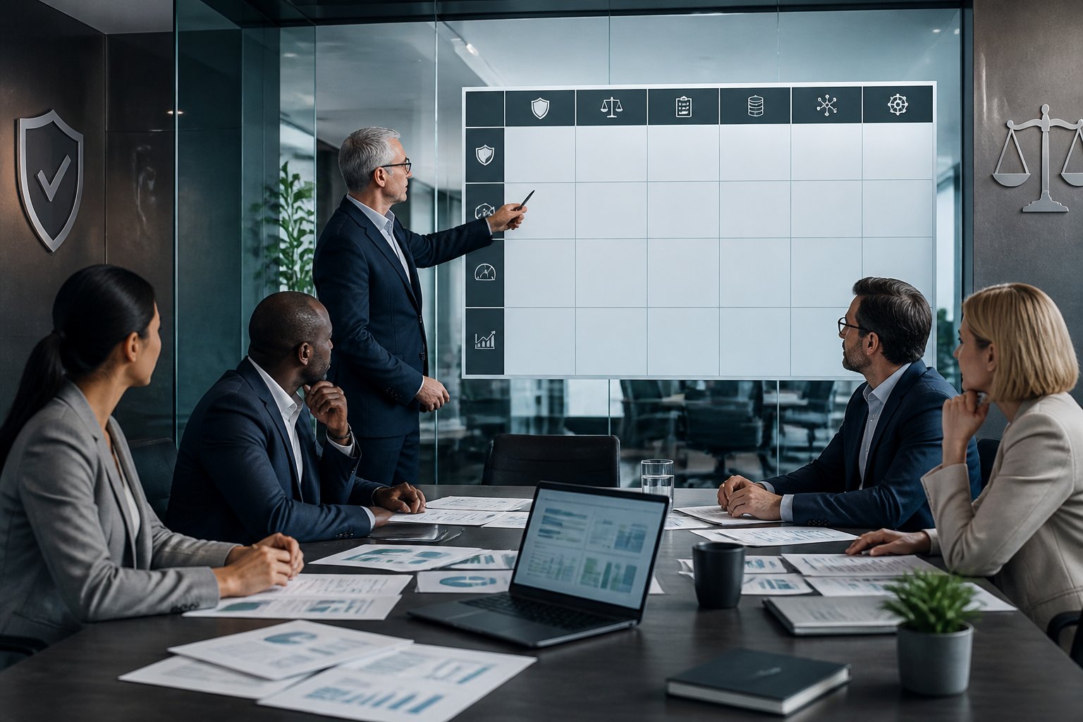 Business professionals review a governance risk matrix during a meeting in a modern office.
