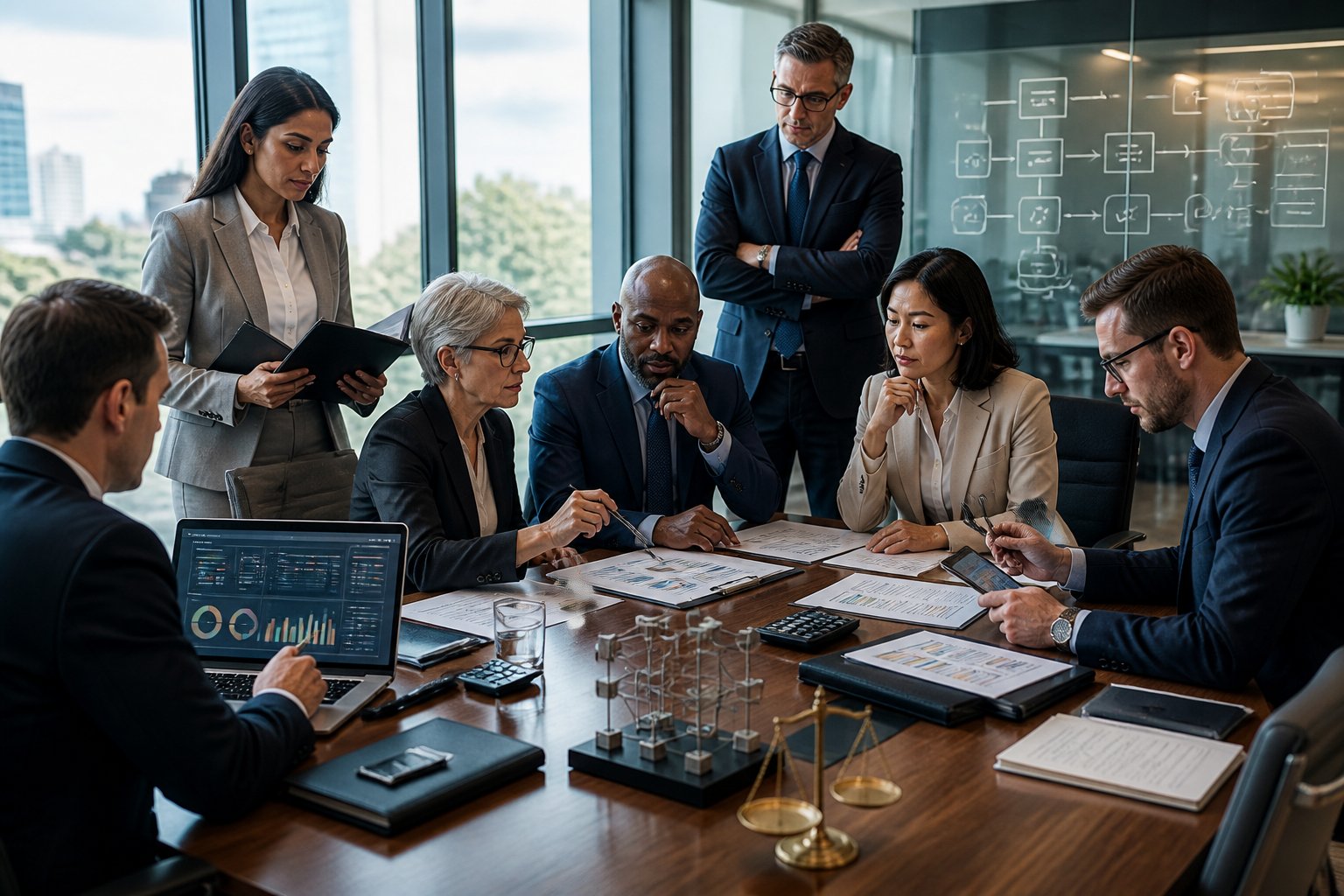 Business leaders and compliance professionals review financial documents and abstract governance diagrams around a conference table.