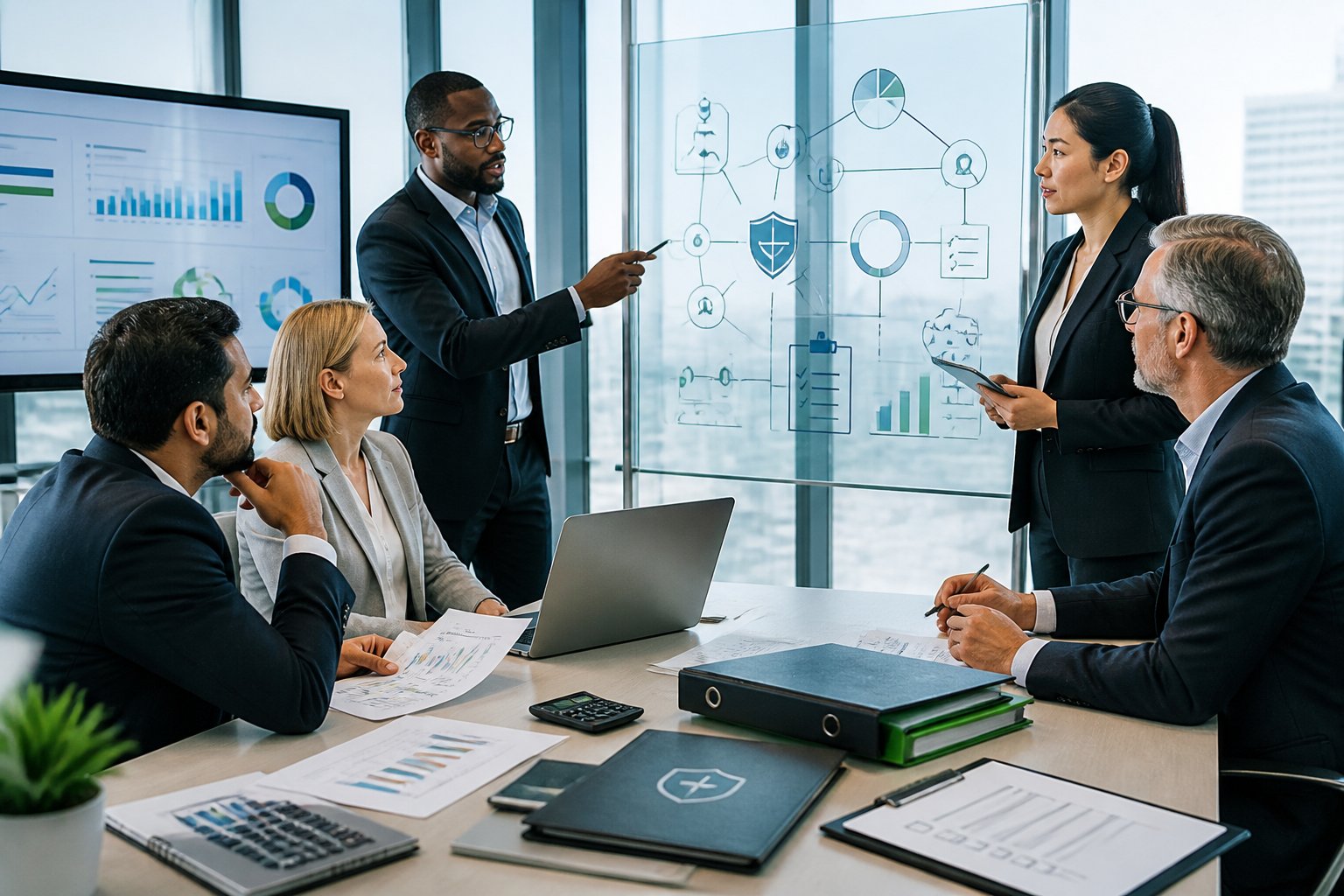 Business professionals review financial documents and operational planning materials around a conference table.