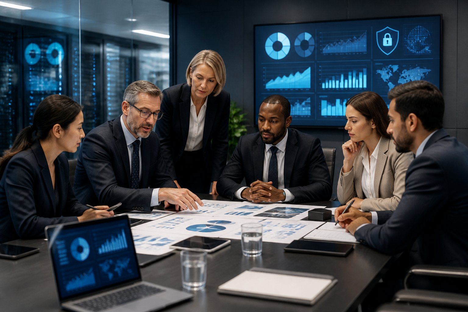 Business leaders and compliance professionals review financial and risk information in a modern conference room.