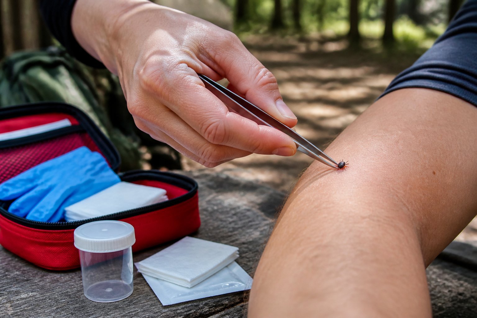 A person carefully removes an attached tick from another person's forearm with tweezers beside an open first-aid kit.