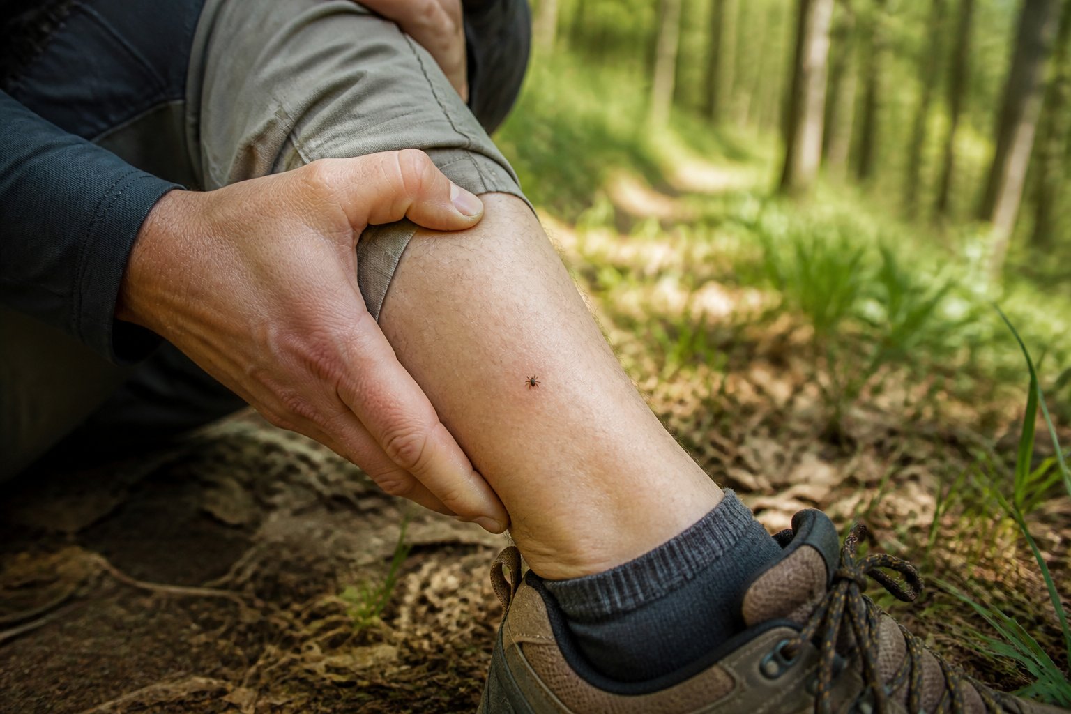 A hiker examines a small tick attached near the ankle after walking through a forest.