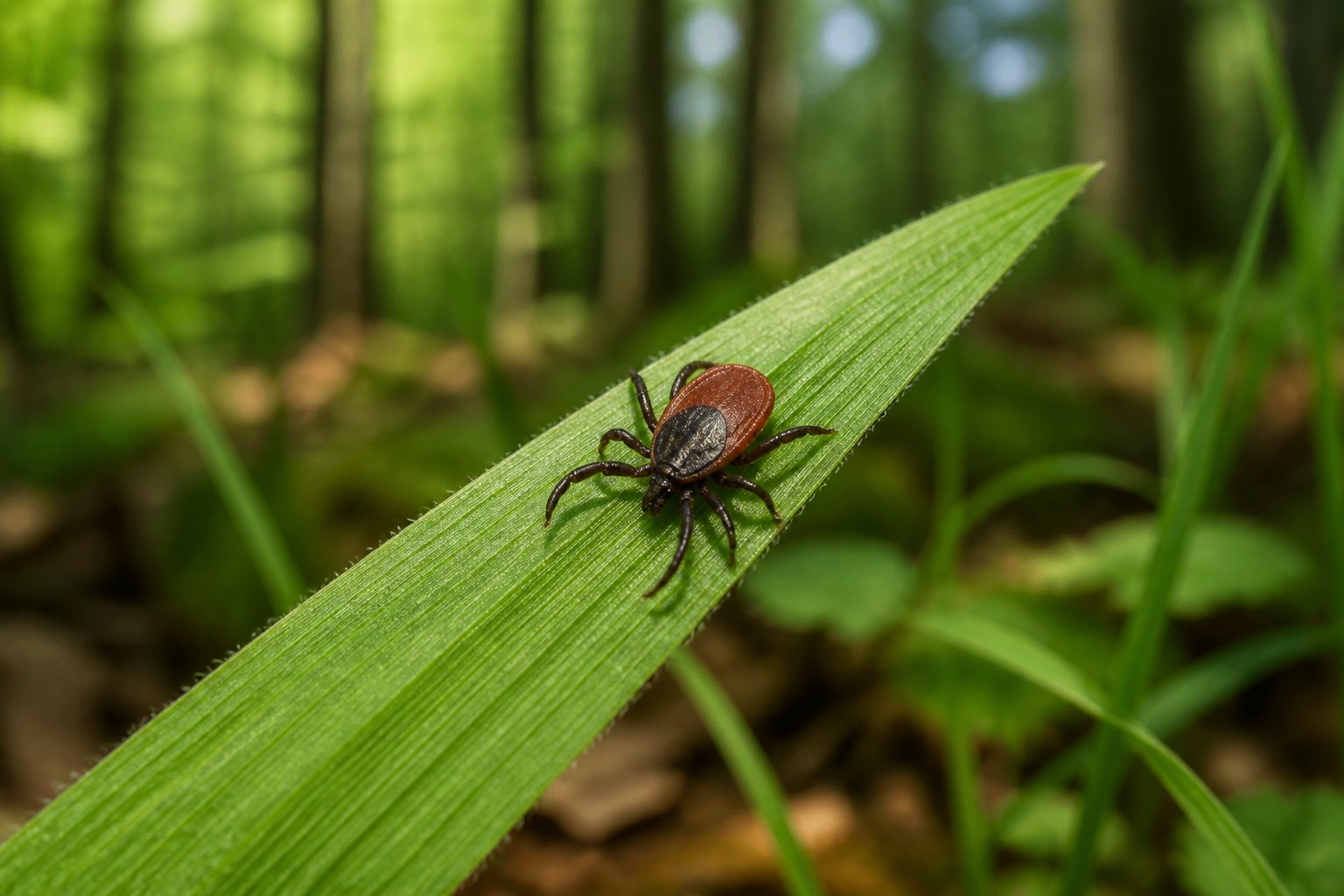 A tick resting on a blade of grass in a natural outdoor setting.