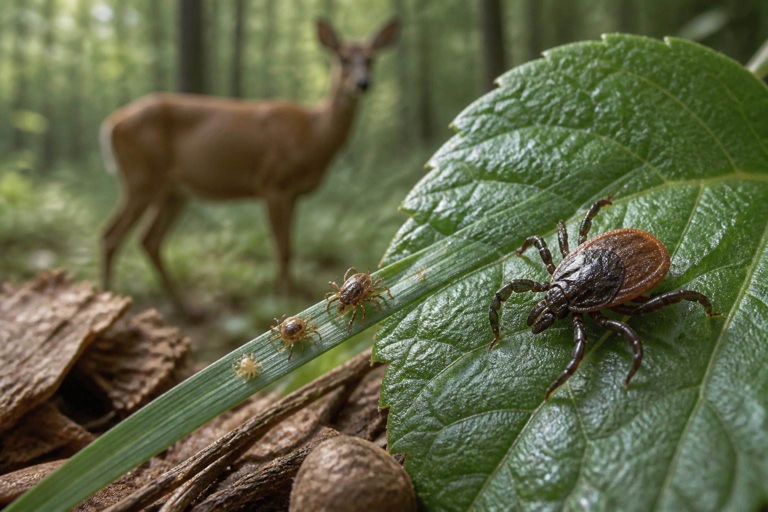 A close-up tick rests on a forest leaf while smaller ticks and a deer appear in the background.