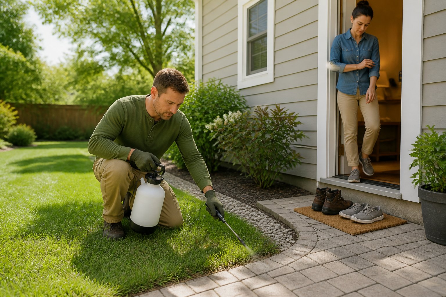 A homeowner checks and treats the lawn beside a house entrance to help prevent ticks from being carried indoors.
