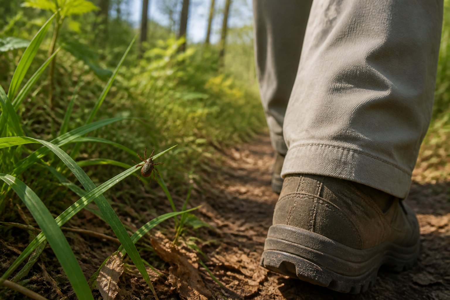 A hiker’s boot passes beside grass where a small tick waits on a leaf.
