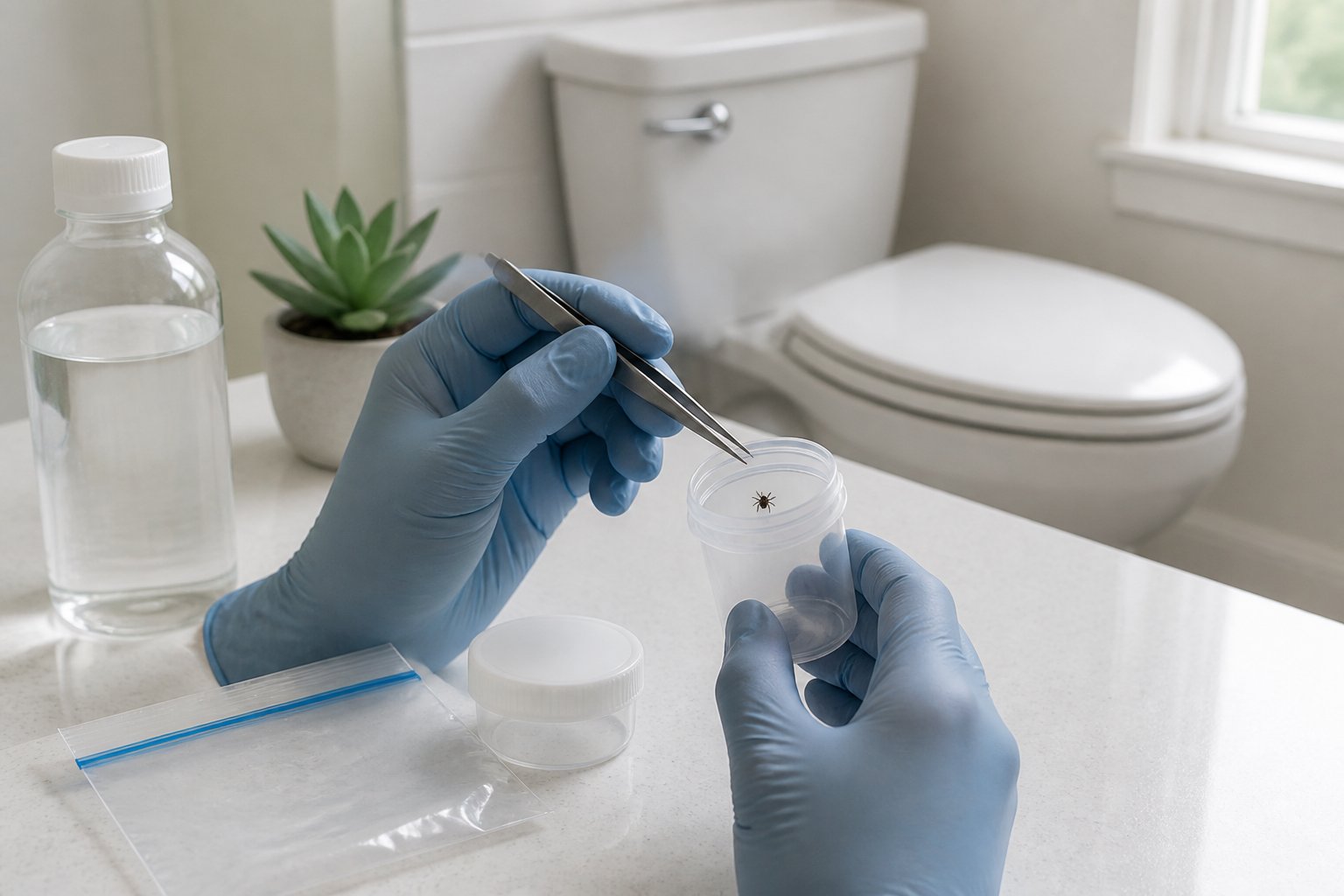 Gloved hands place a tick into a small sealed container beside a bathroom toilet.