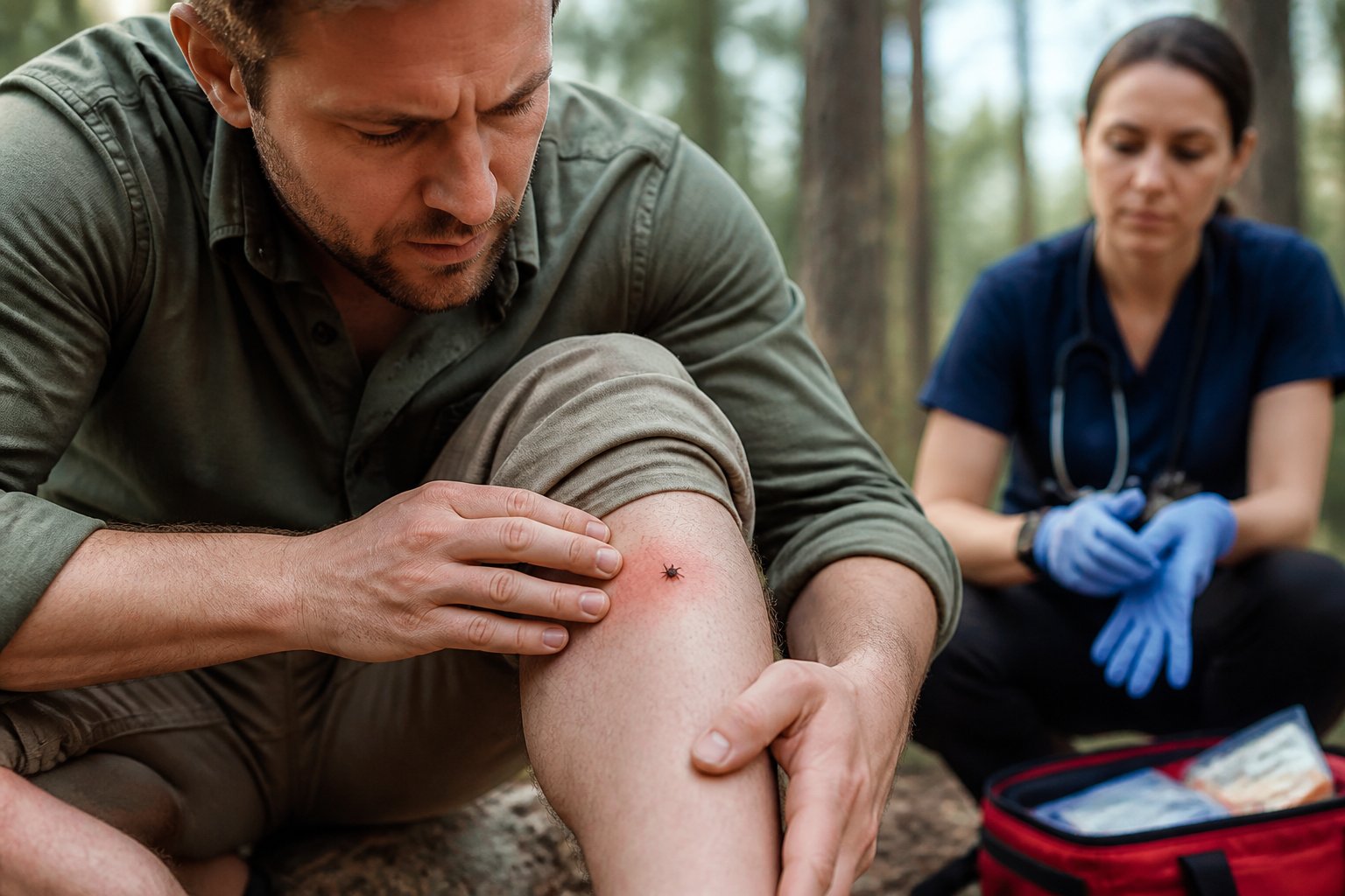 An adult examines a red tick bite on their lower leg outdoors while a healthcare professional is nearby.