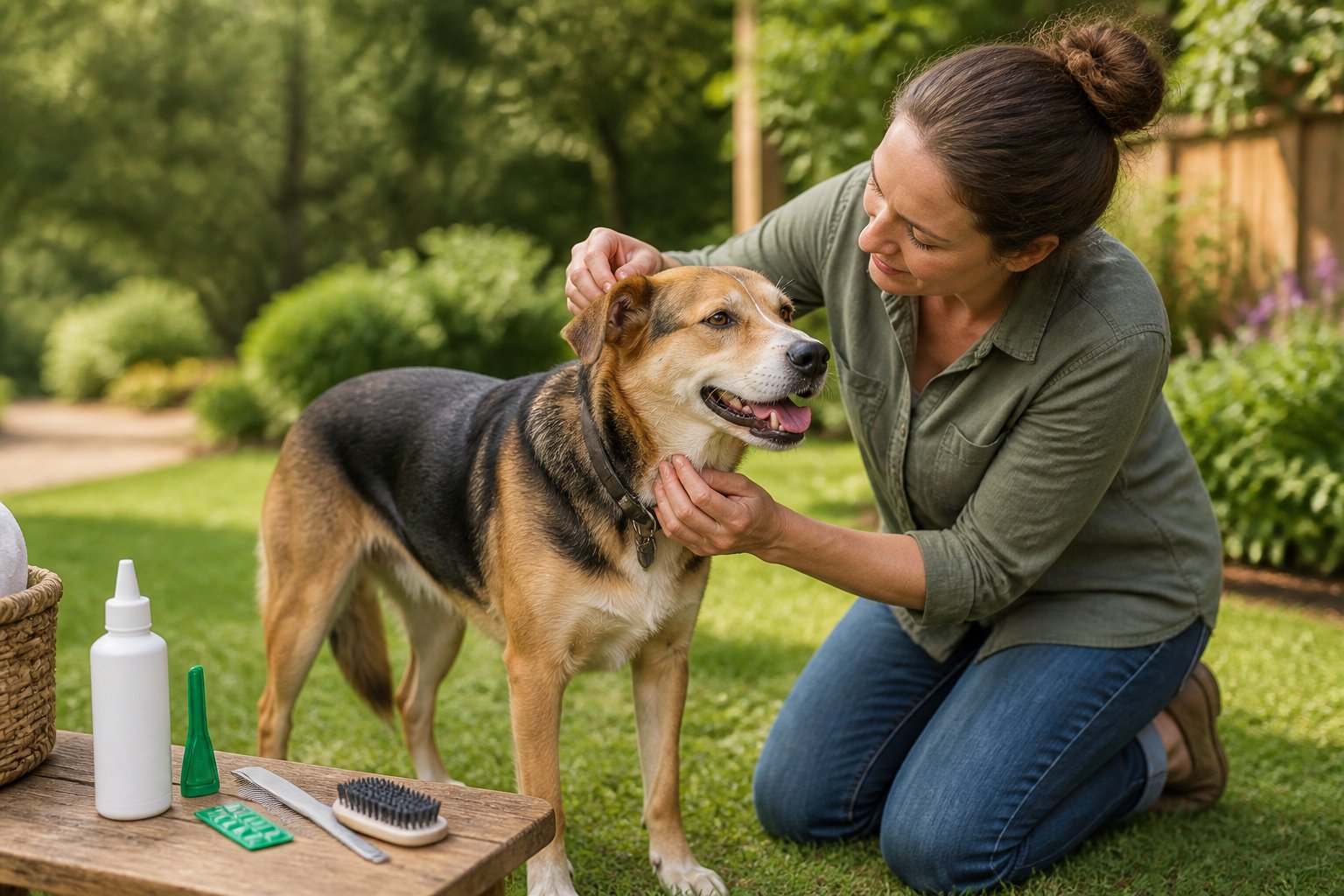 A person gently checks a healthy dog’s fur outdoors with grooming tools nearby.